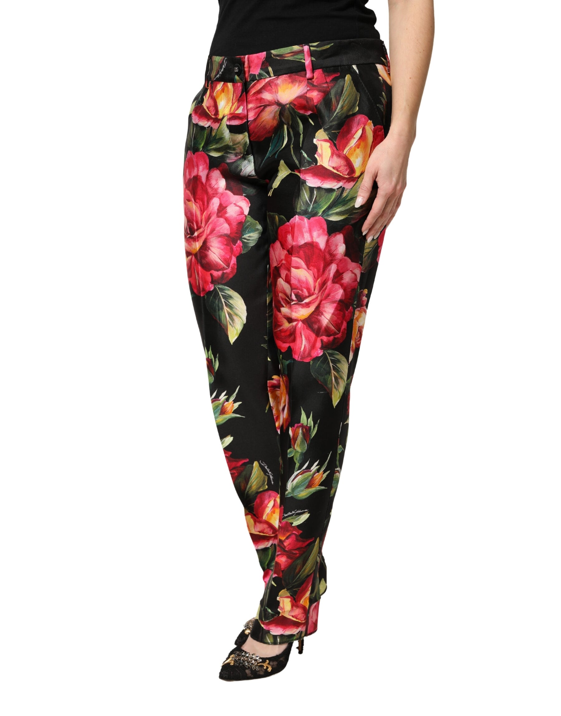 Dolce & Gabbana Black Floral Silk Mid Waist Tailored Trousers Pants | Regal Royce