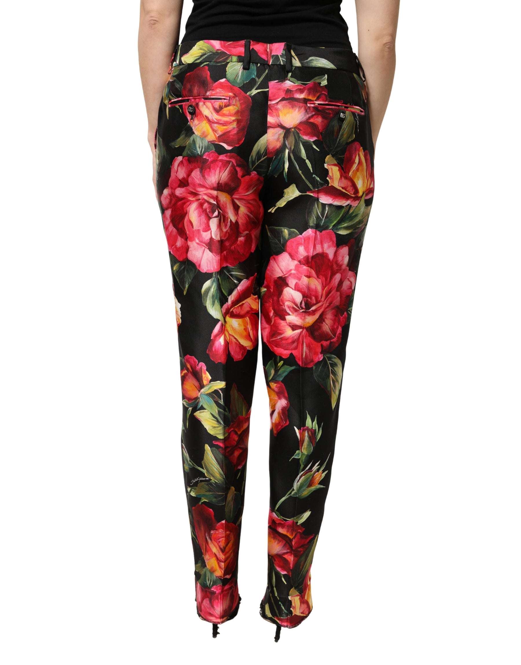 Dolce & Gabbana Black Floral Silk Mid Waist Tailored Trousers Pants | Regal Royce