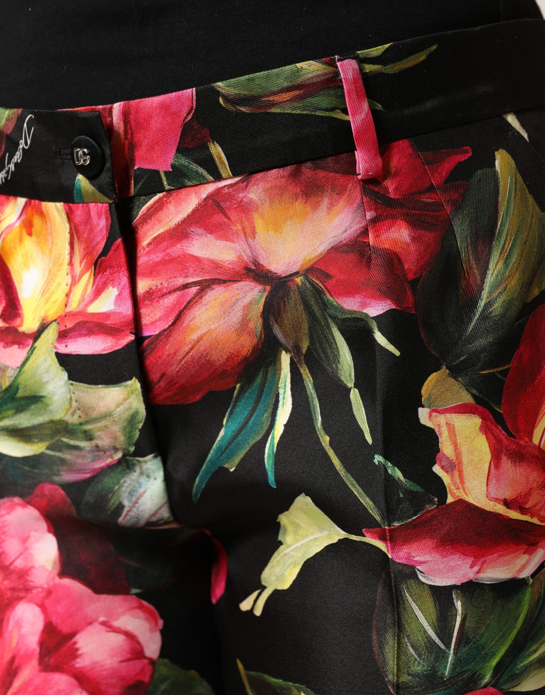 Dolce & Gabbana Black Floral Silk Mid Waist Tailored Trousers Pants | Regal Royce