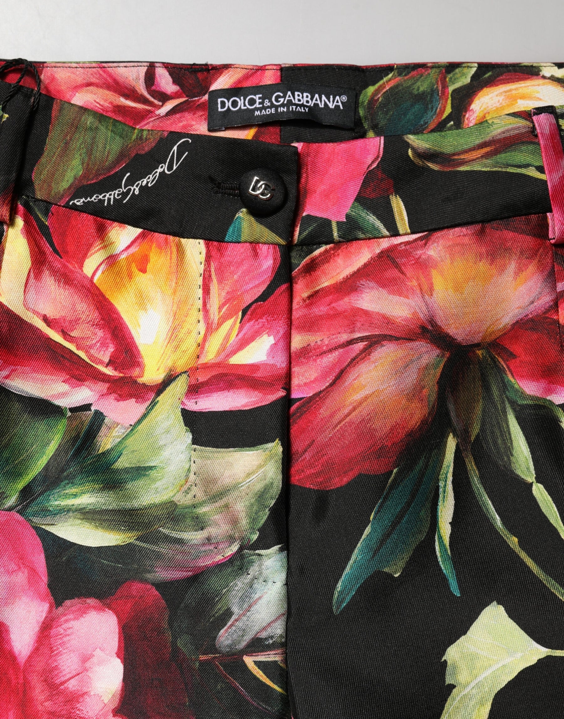 Dolce & Gabbana Black Floral Silk Mid Waist Tailored Trousers Pants | Regal Royce
