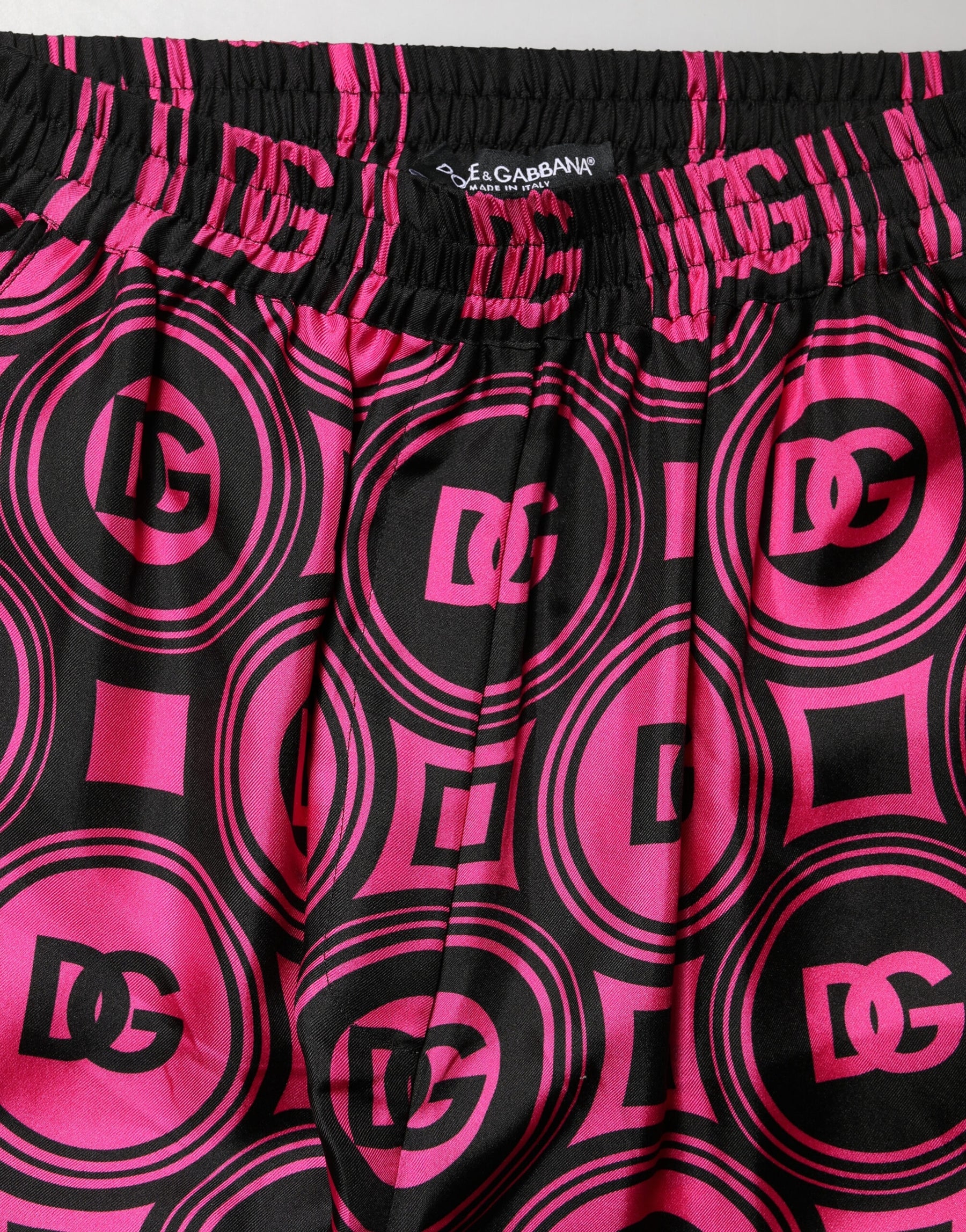 Dolce & Gabbana Black Fuchsia Silk Logo Elastic Waist Shorts | Regal Royce