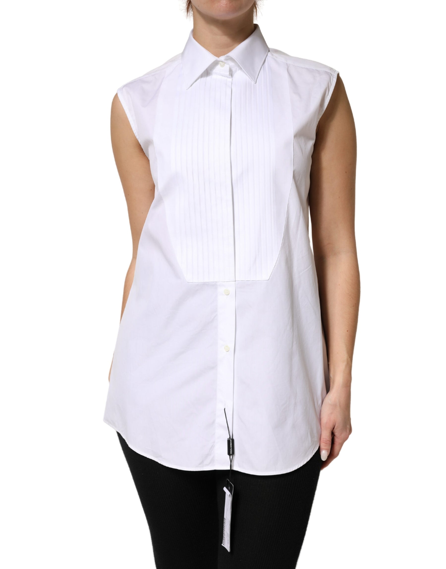 Dolce & Gabbana White Cotton Pleated Sleeveless Button Down Top | Regal Royce
