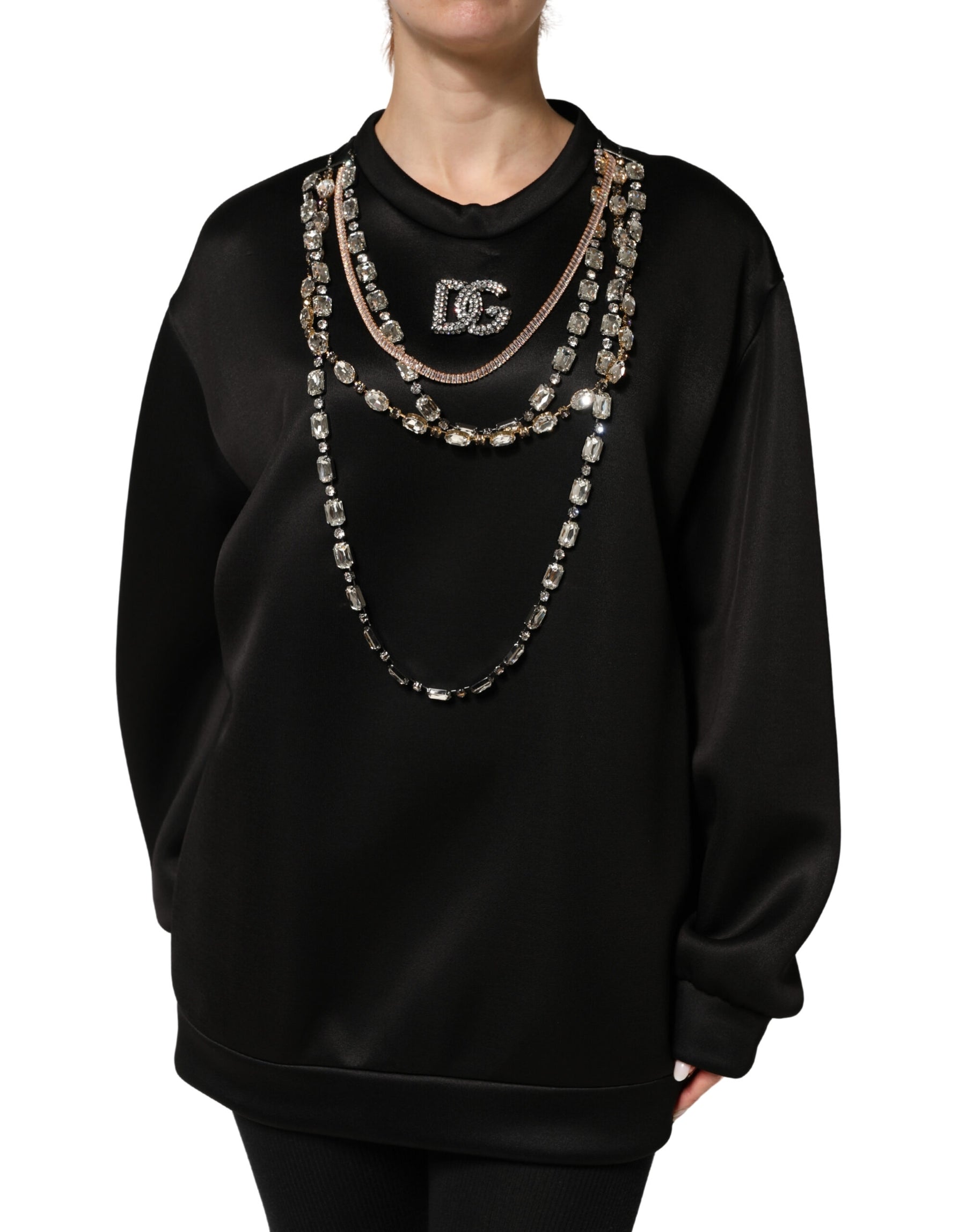 Dolce & Gabbana Black Embellished Logo Crystal Sweatshirt Top | Regal Royce