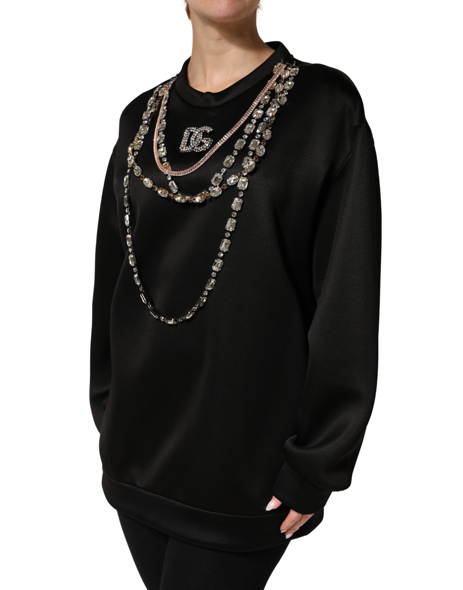 Dolce & Gabbana Black Embellished Logo Crystal Sweatshirt Top | Regal Royce