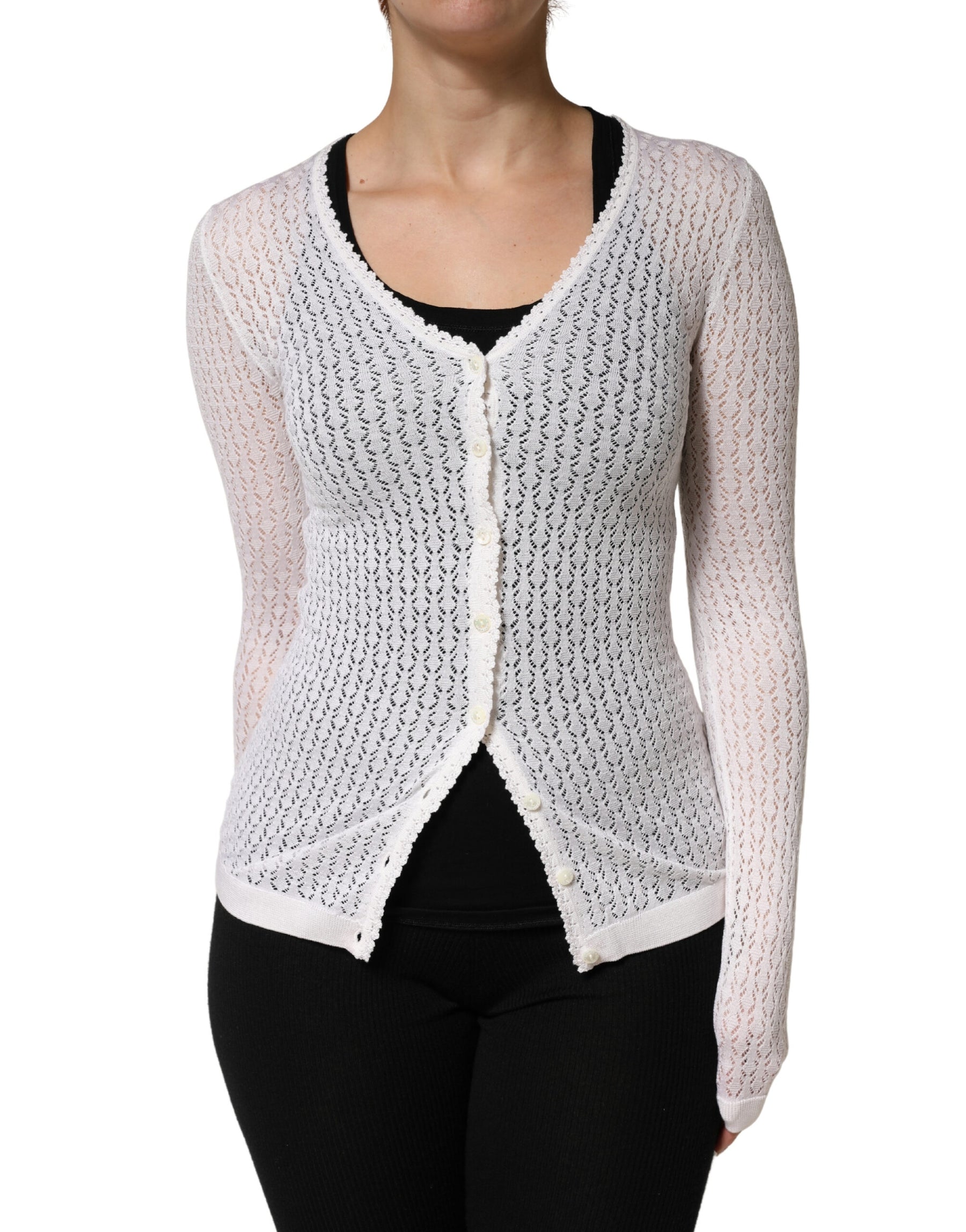 Dolce & Gabbana White Lace Silk Knit Long Sleeves Cardigan Top | Regal Royce