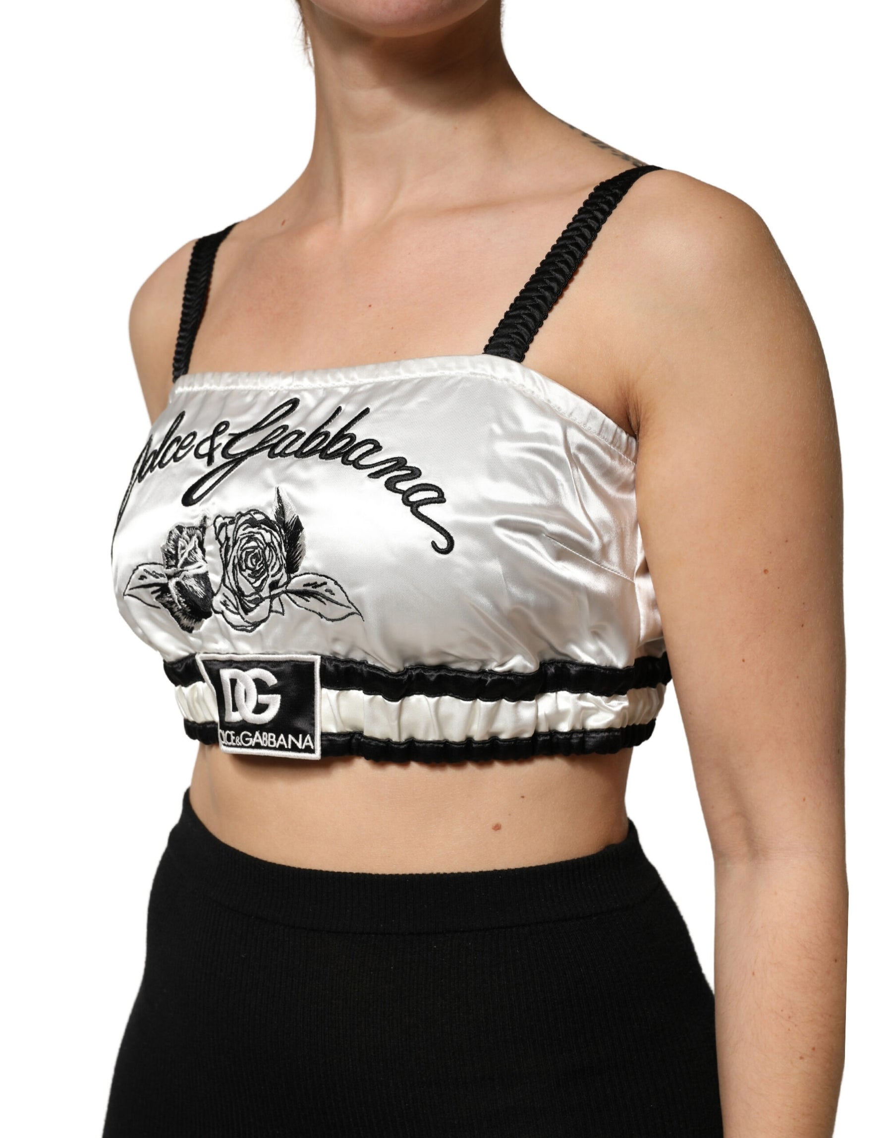 Dolce & Gabbana White Silk Satin Crop Black Logo Bralette Top | Regal Royce