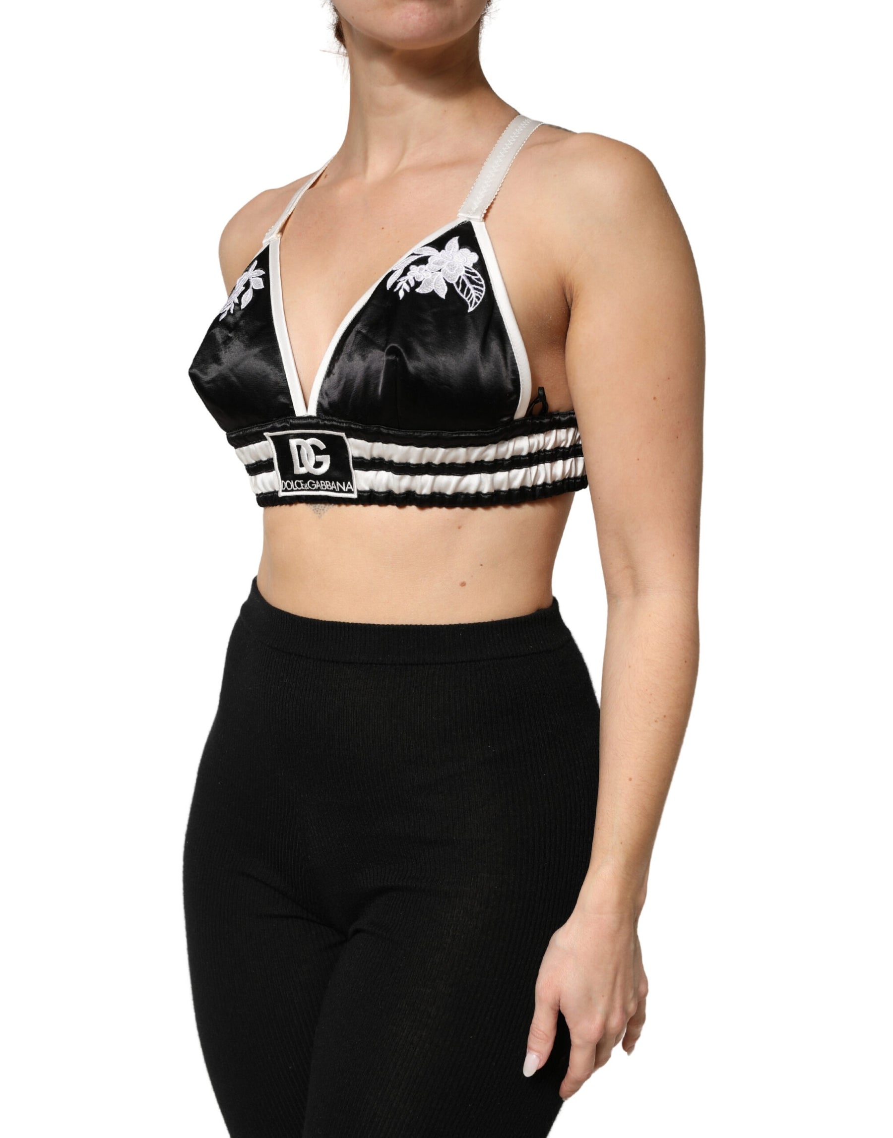 Dolce & Gabbana Black Floral Silk Satin Crop Logo Bralette Top | Regal Royce