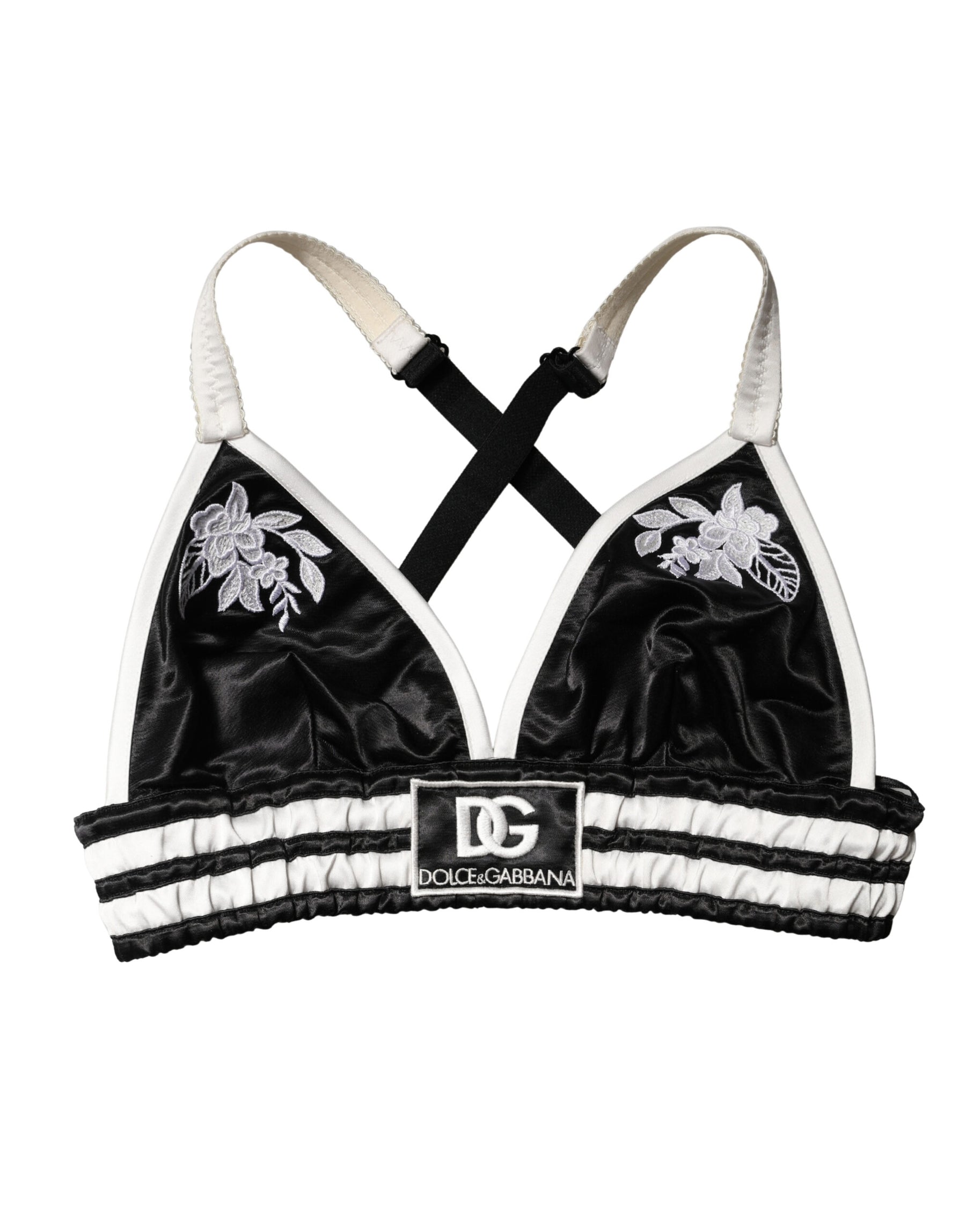 Dolce & Gabbana Black Floral Silk Satin Crop Logo Bralette Top | Regal Royce