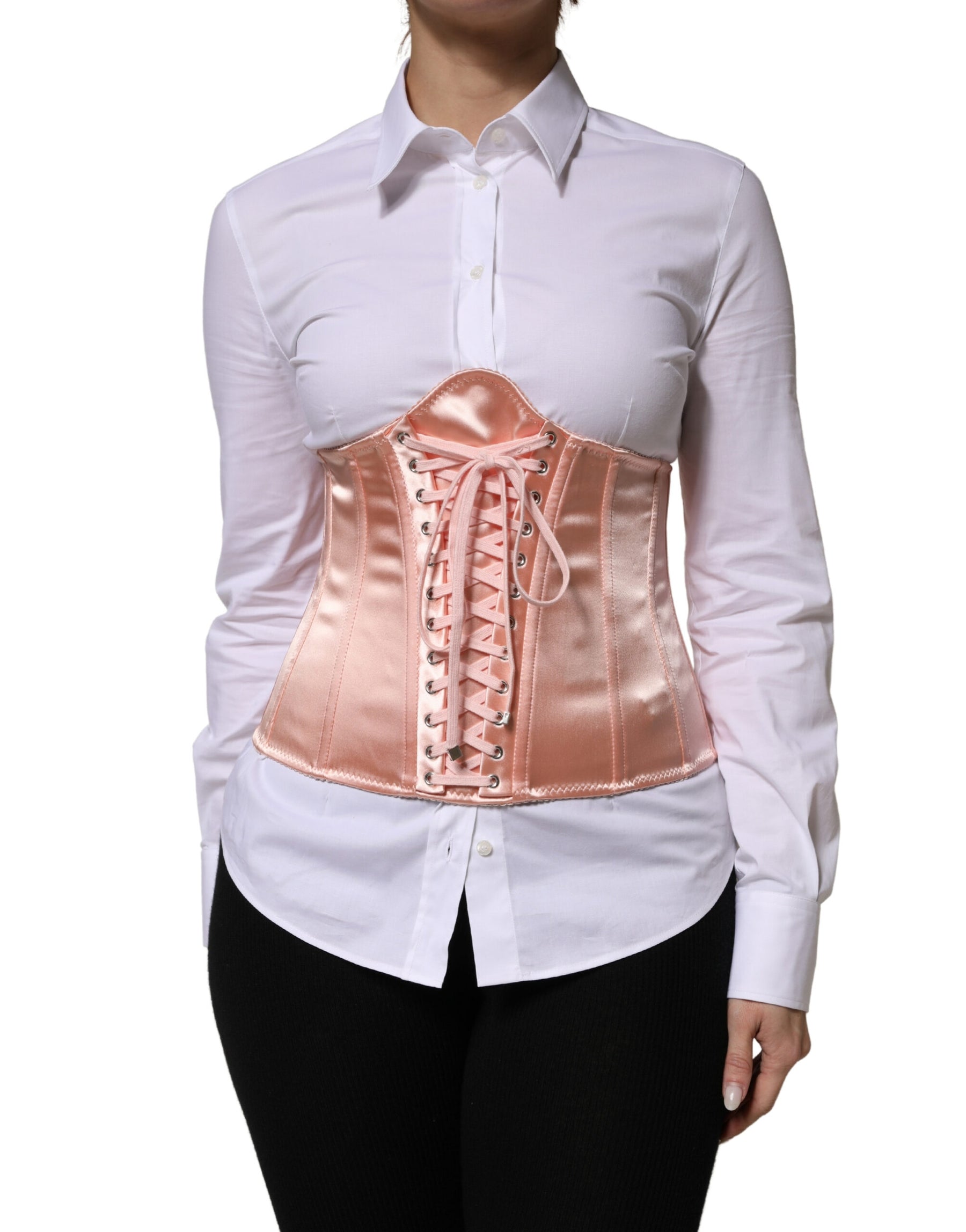 Dolce & Gabbana Pale Pink Silk LaceUp Waist Cincher Corse Top | Regal Royce