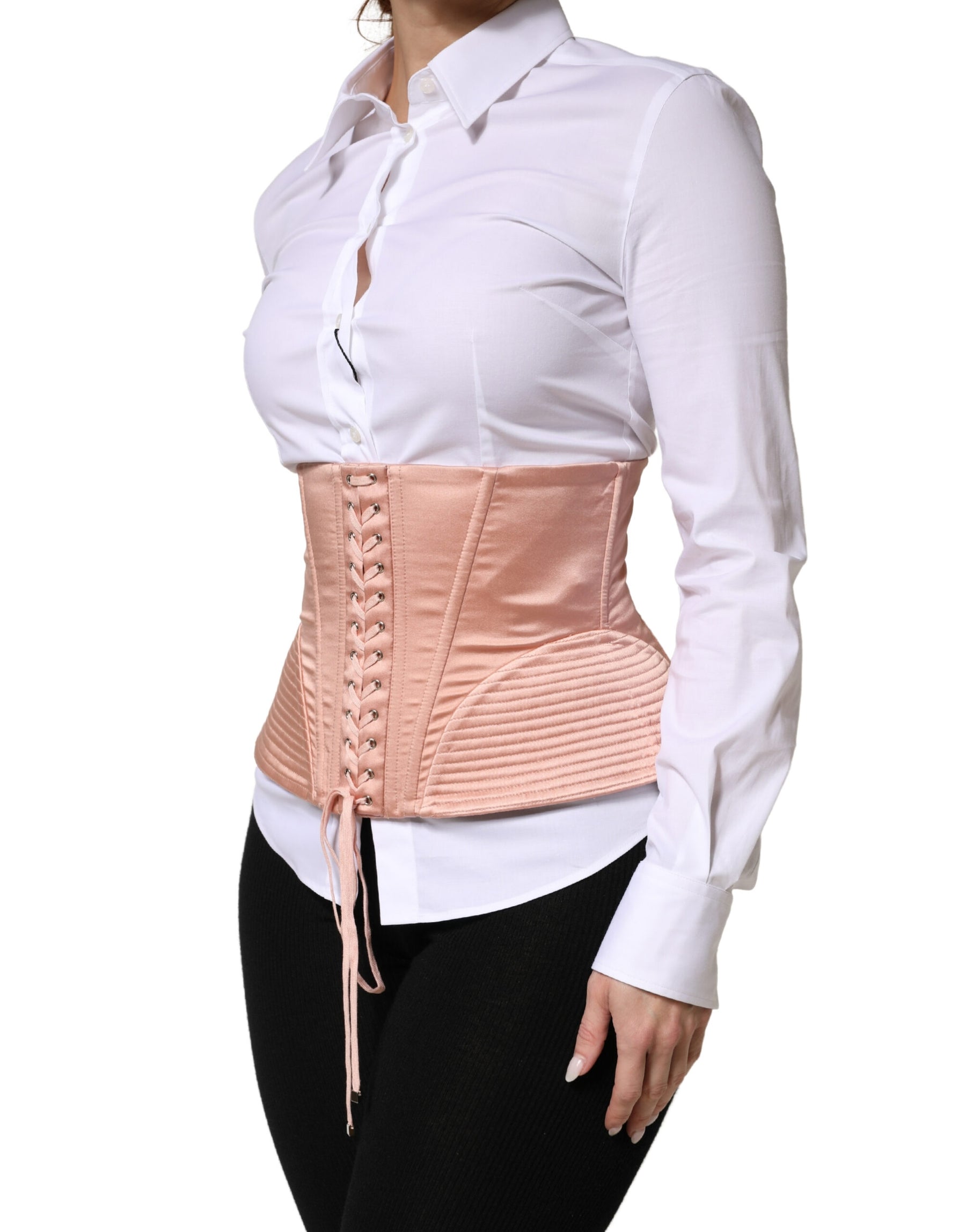 Dolce & Gabbana Pale Pink Silk LaceUp Waist Cincher Corset Top | Regal Royce