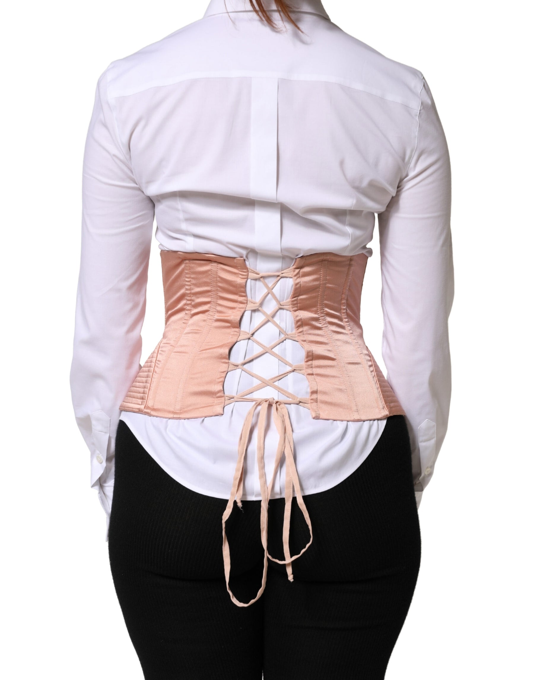 Dolce & Gabbana Pale Pink Silk LaceUp Waist Cincher Corset Top | Regal Royce