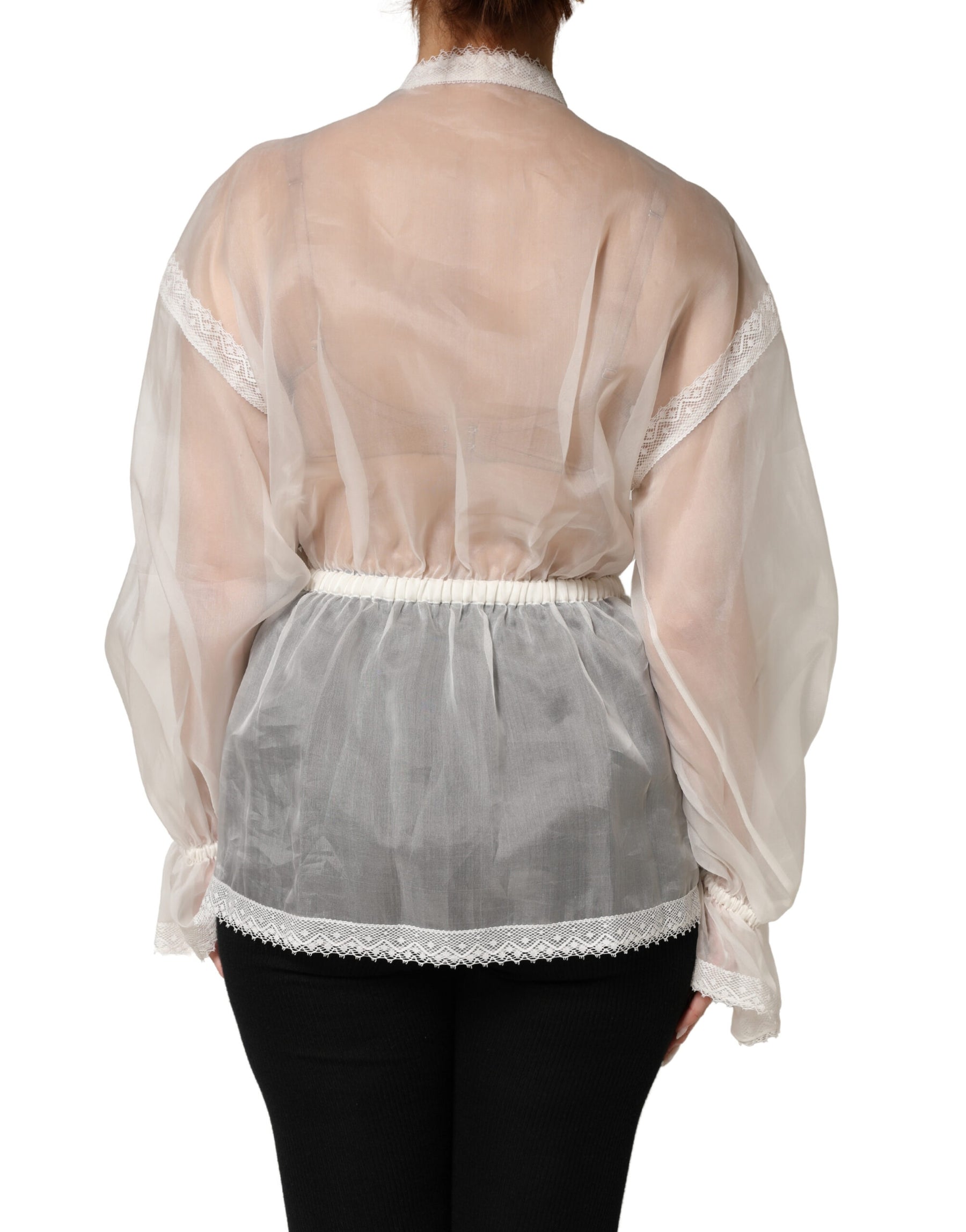 Dolce & Gabbana White Sheer Silk Blouse Lace Bow Tie Blouse Top | Regal Royce