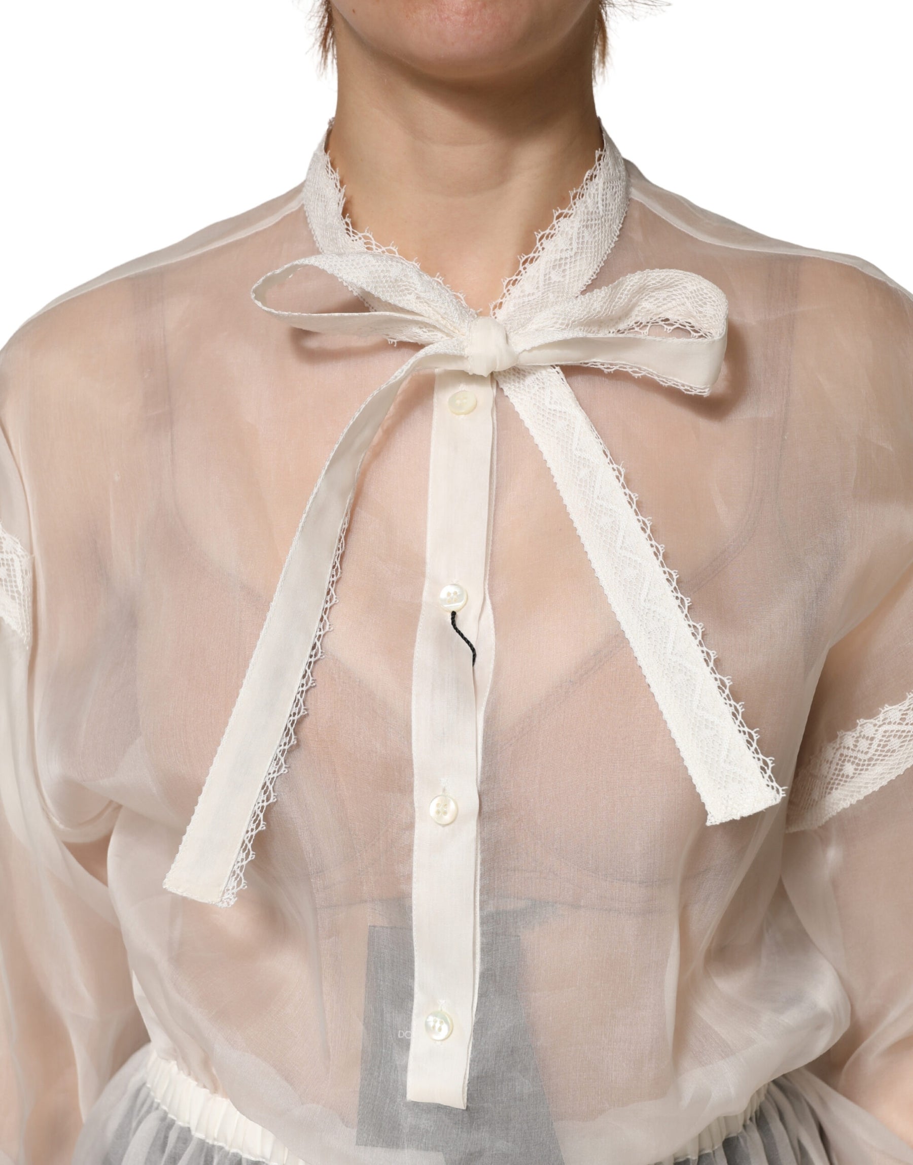 Dolce & Gabbana White Sheer Silk Blouse Lace Bow Tie Blouse Top | Regal Royce