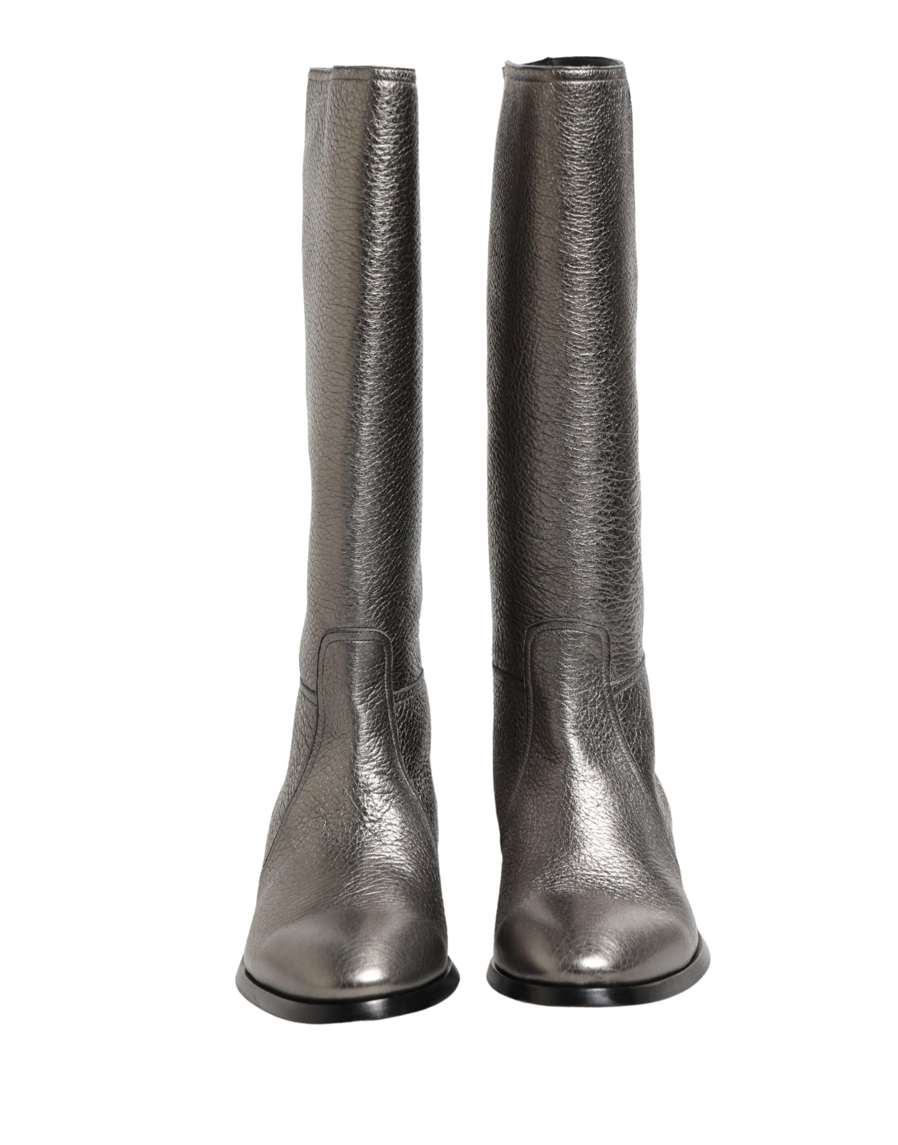 Dolce & Gabbana Metallic Silver Leather Knee High Boots Shoes | Regal Royce