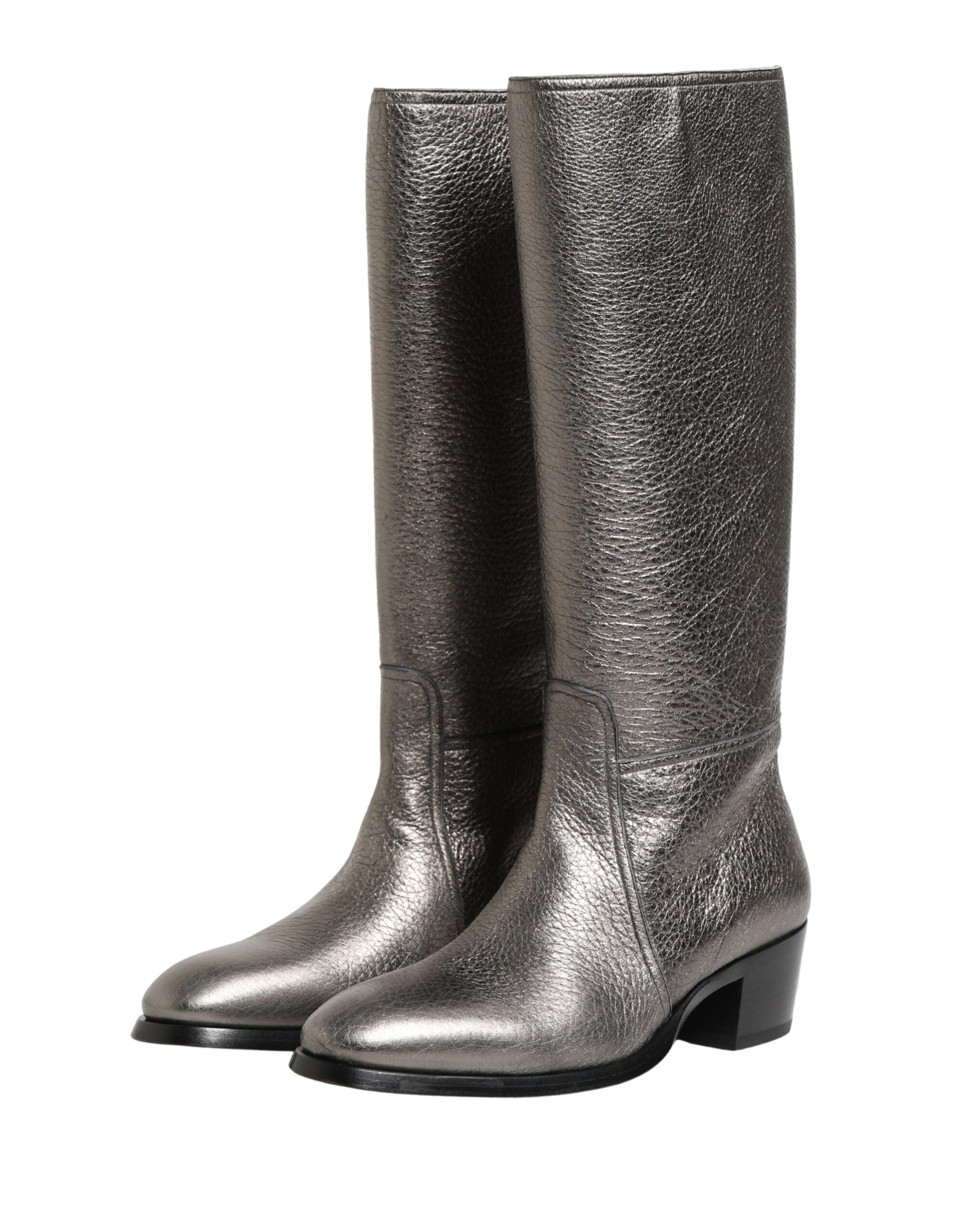 Dolce & Gabbana Metallic Silver Leather Knee High Boots Shoes | Regal Royce