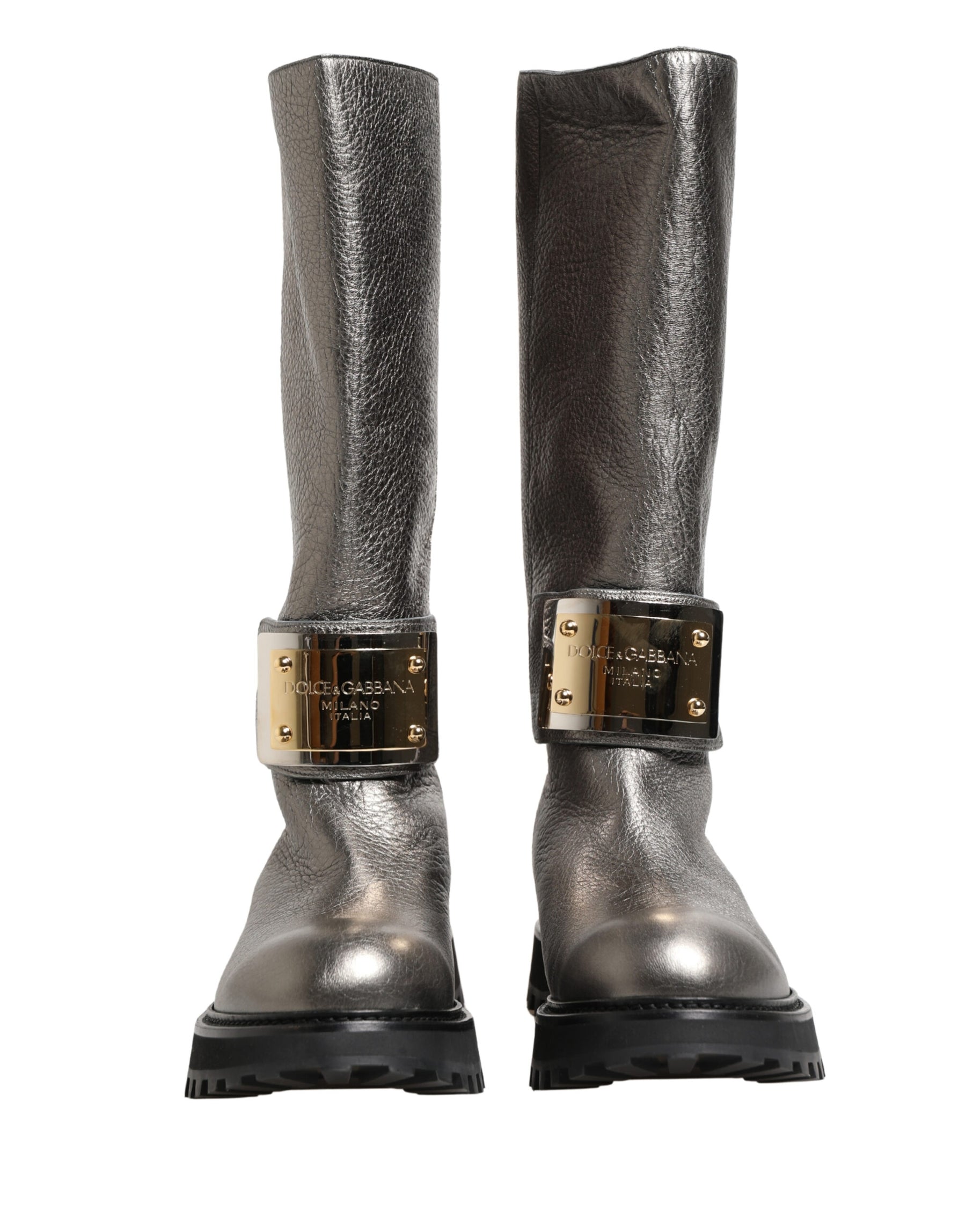 Dolce & Gabbana Metallic Silver Leather Mid Calf Boots Shoes | Regal Royce