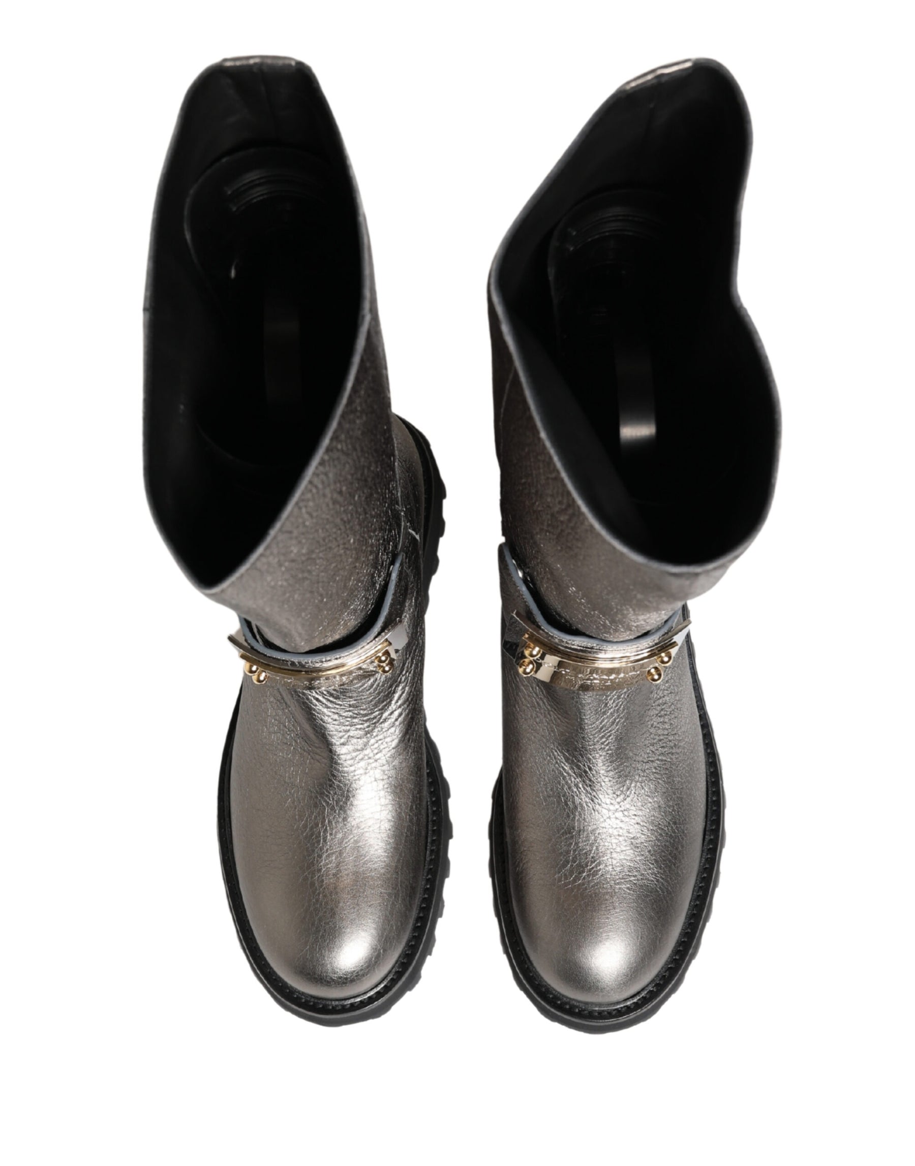 Dolce & Gabbana Metallic Silver Leather Mid Calf Boots Shoes | Regal Royce