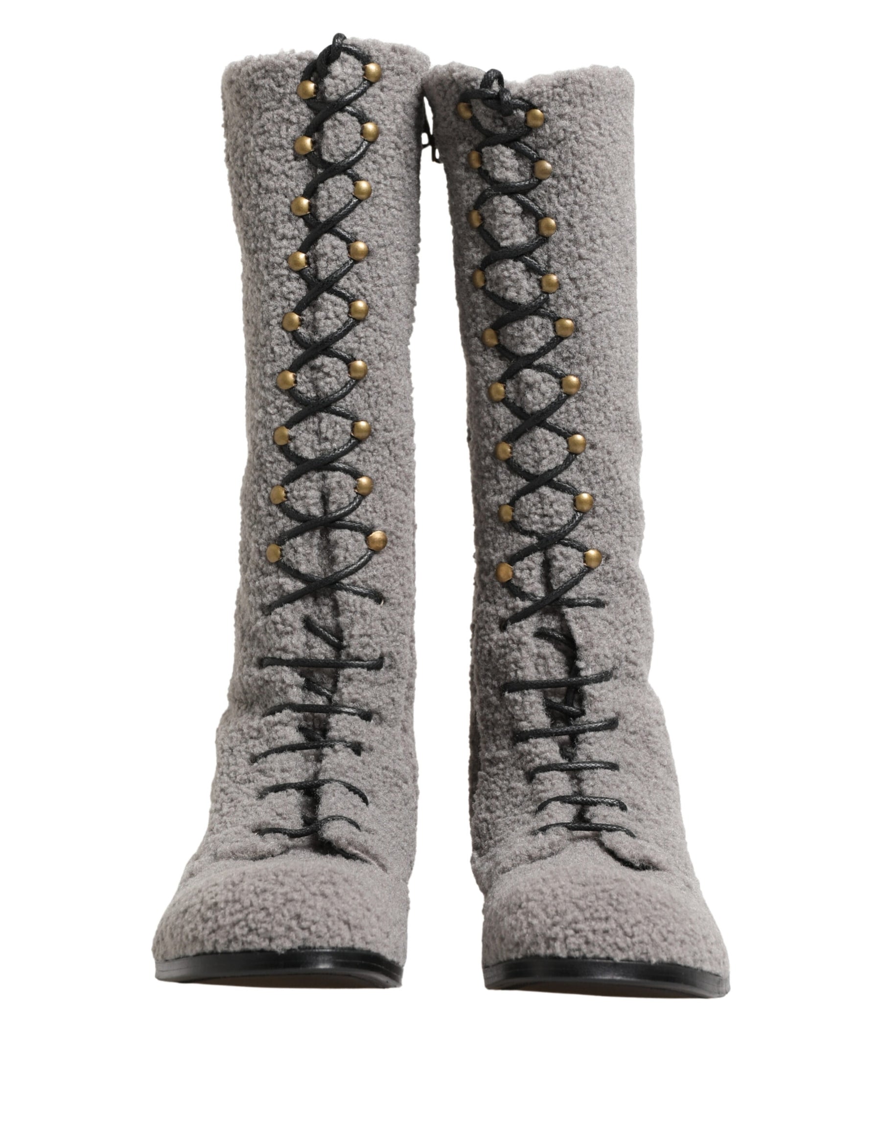 Dolce & Gabbana Gray Shearling Lace Up Knee High Boots Shoes | Regal Royce