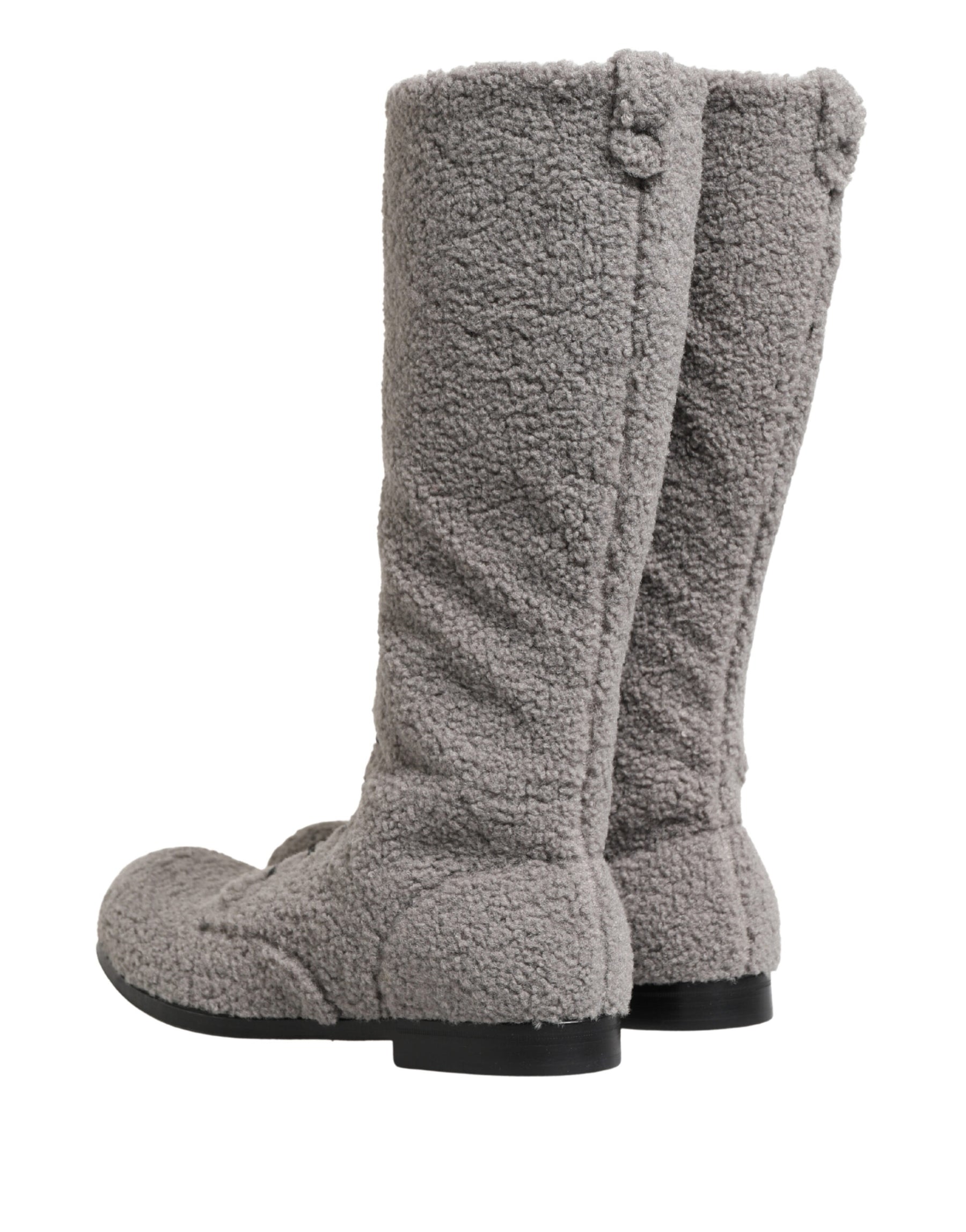 Dolce & Gabbana Gray Shearling Lace Up Knee High Boots Shoes | Regal Royce