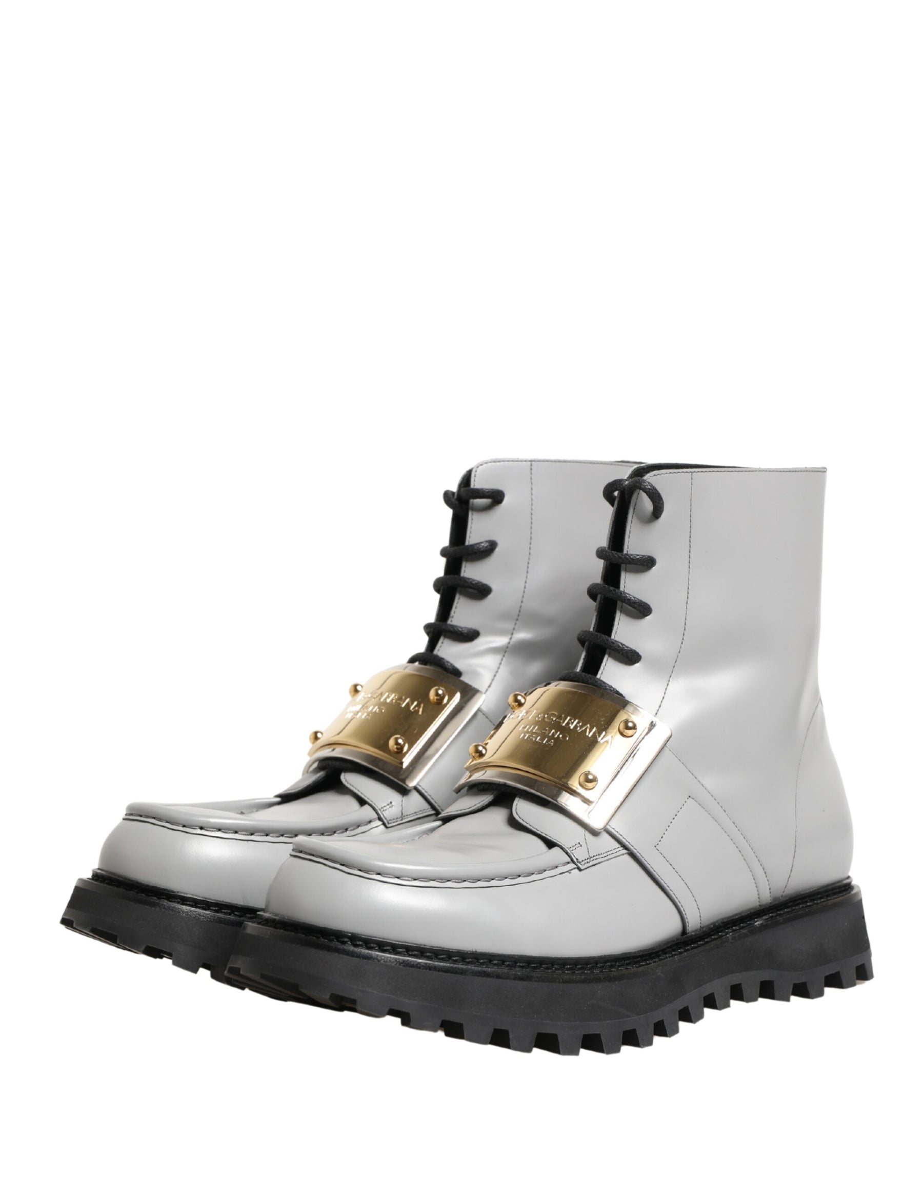 Dolce & Gabbana Gray Leather Logo Plaque Ankle Boots Shoes | Regal Royce