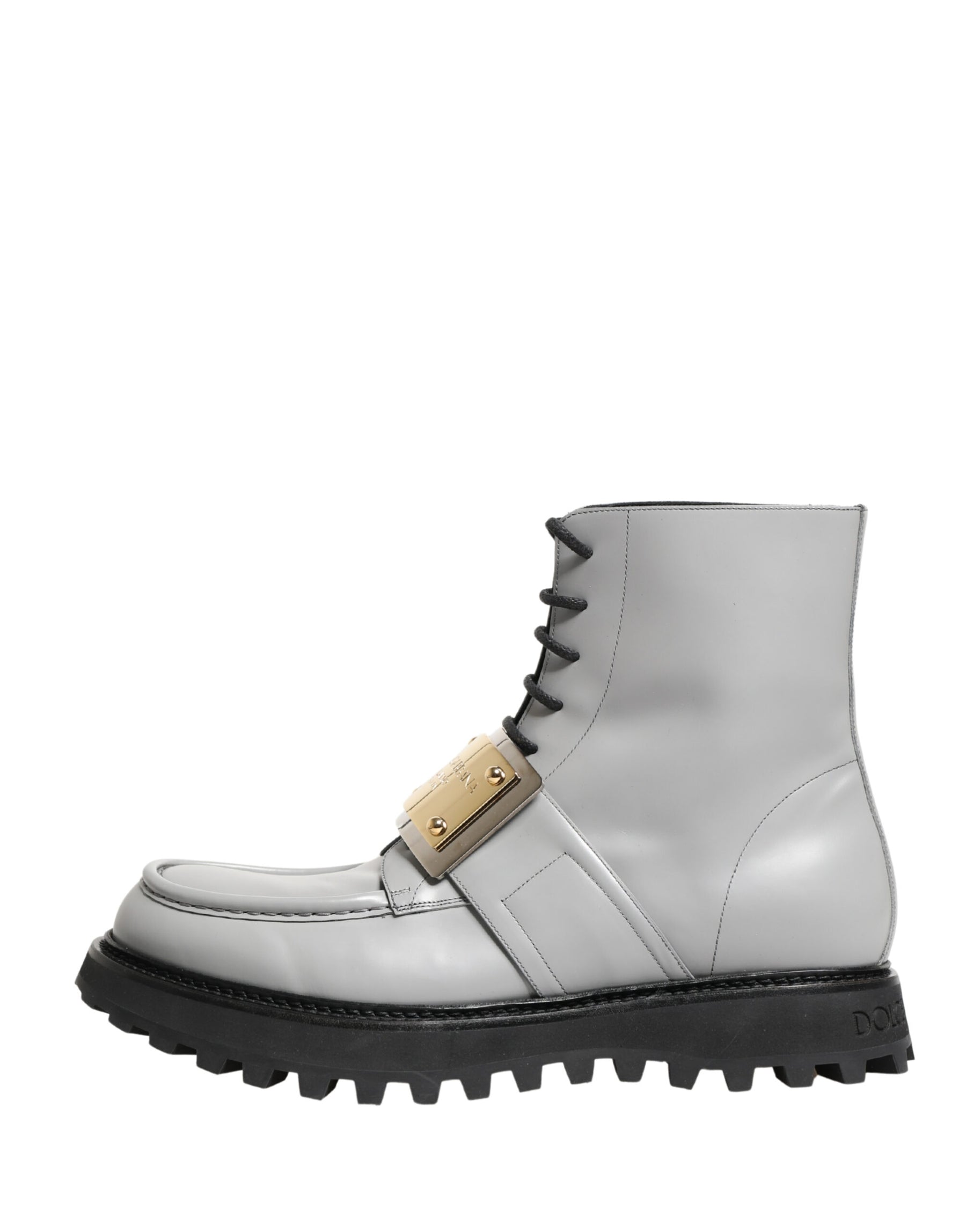 Dolce & Gabbana Gray Leather Logo Plaque Ankle Boots Shoes | Regal Royce