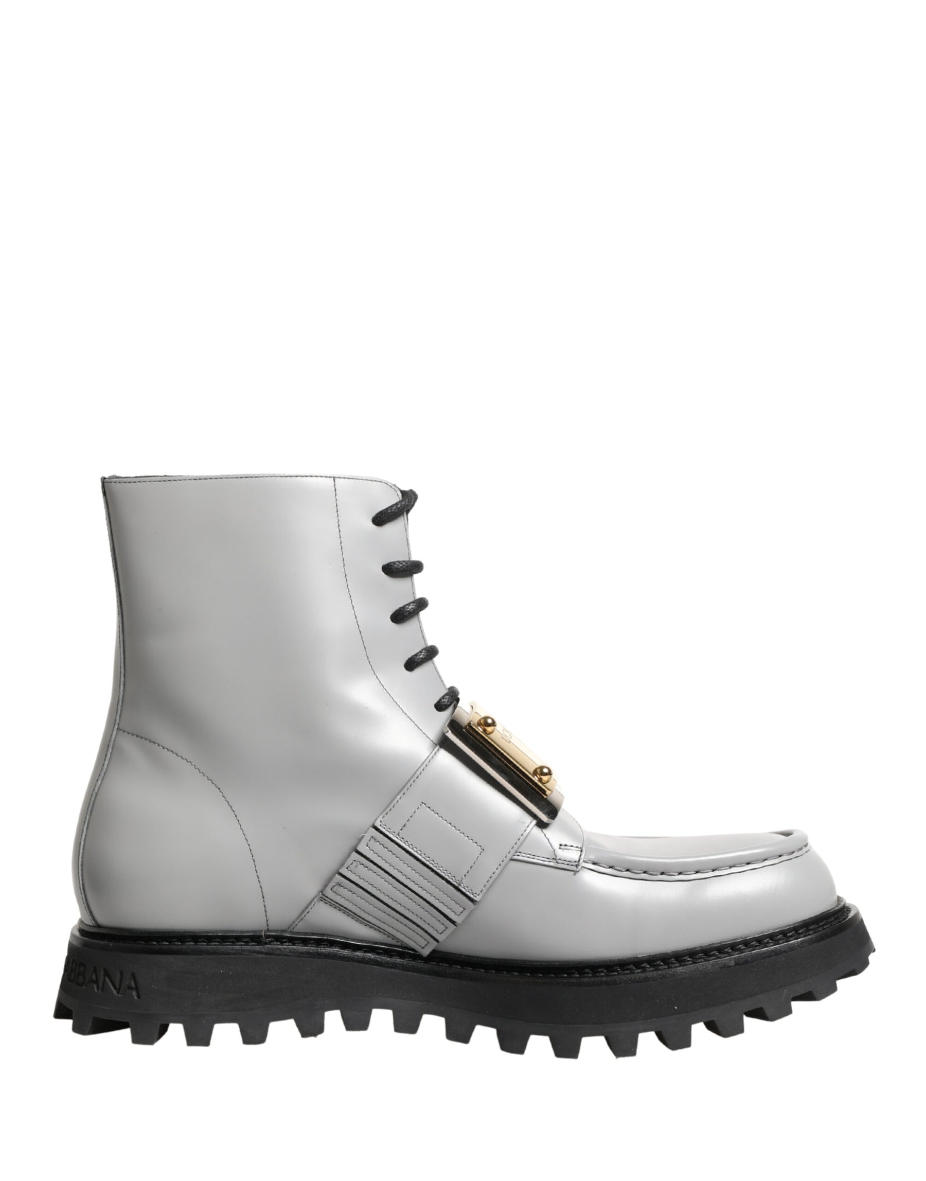 Dolce & Gabbana Gray Leather Logo Plaque Ankle Boots Shoes | Regal Royce