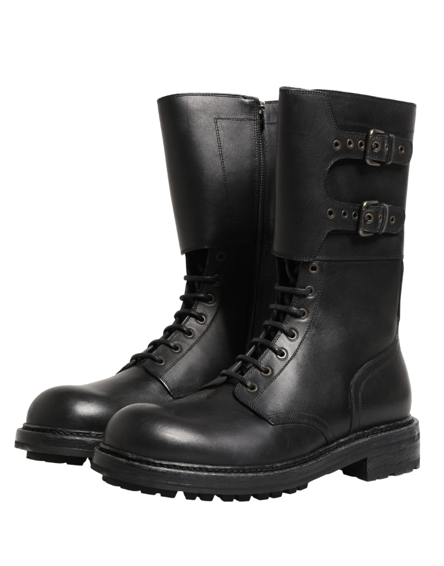Dolce & Gabbana Black Leather Belted Buckle Combat Boots Shoes | Regal Royce