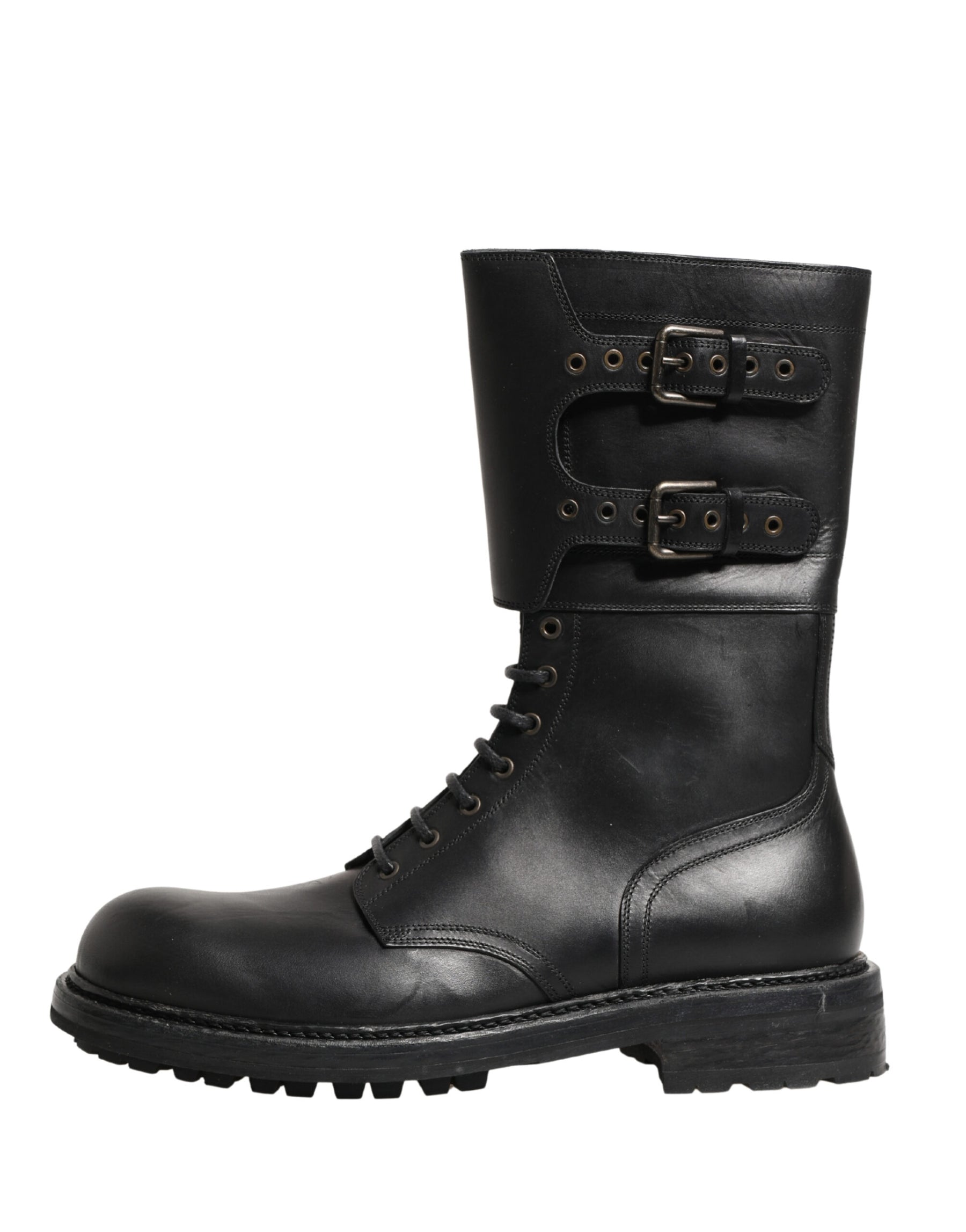 Dolce & Gabbana Black Leather Belted Buckle Combat Boots Shoes | Regal Royce