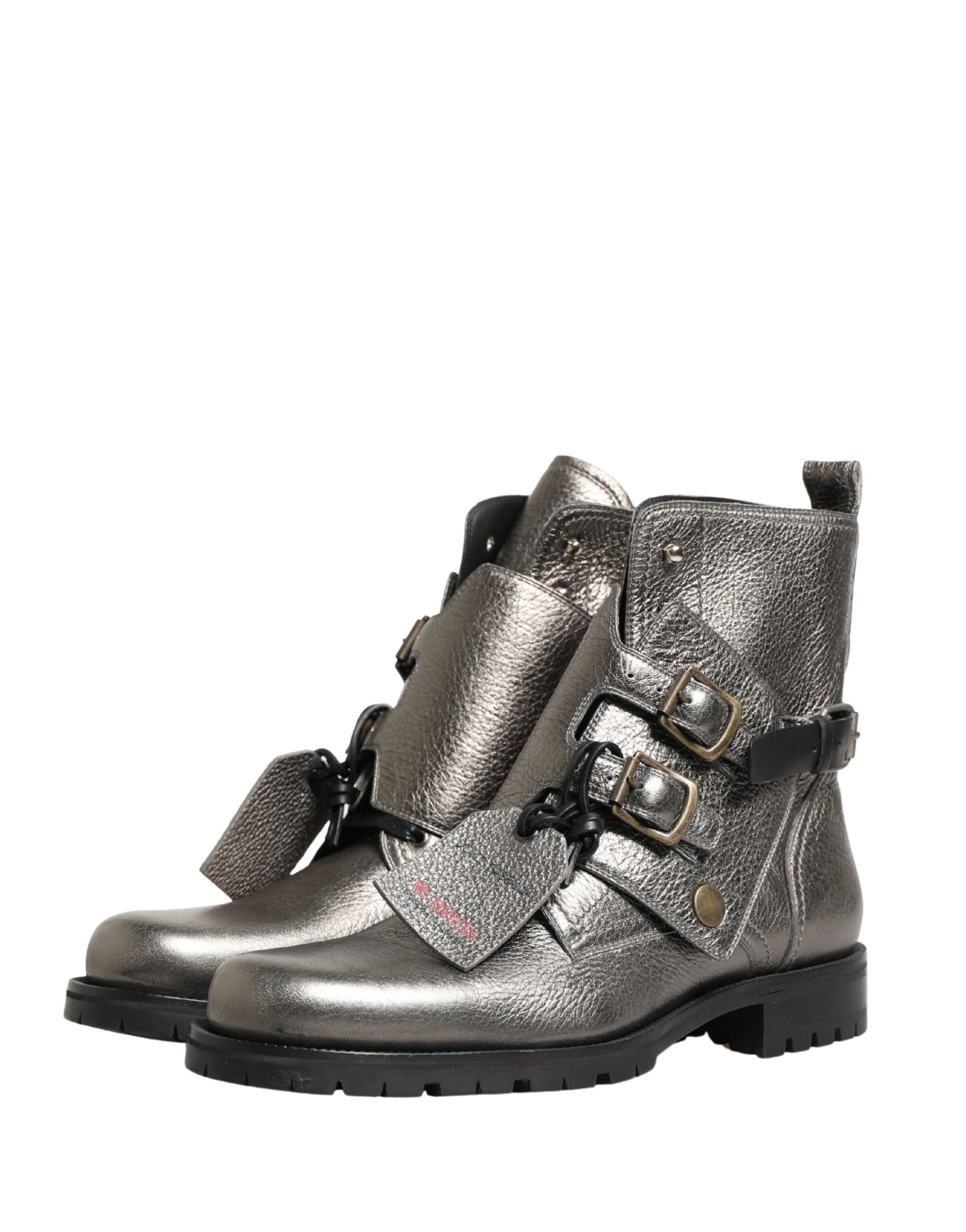 Dolce & Gabbana Metallic Silver Leather Buckle Ankle Boots Shoes | Regal Royce