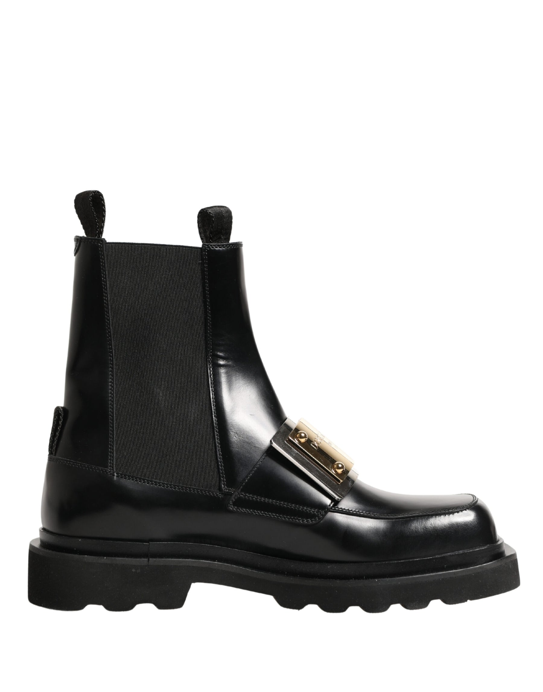 Dolce & Gabbana Black Leather Logo Plaque Ankle Boots Shoes | Regal Royce
