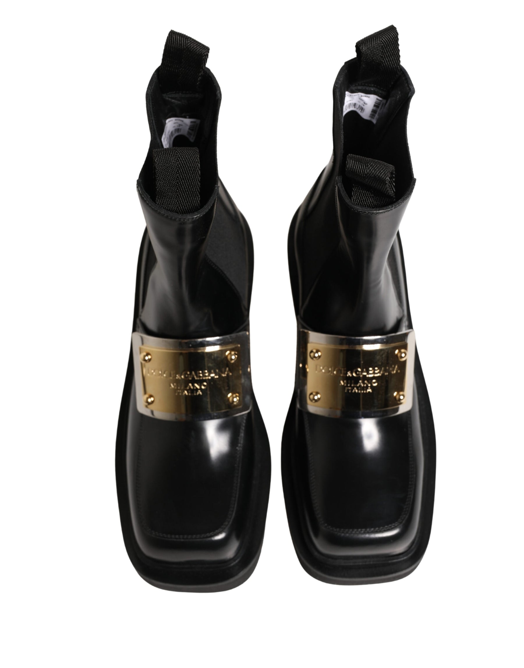 Dolce & Gabbana Black Leather Logo Plaque Ankle Boots Shoes | Regal Royce