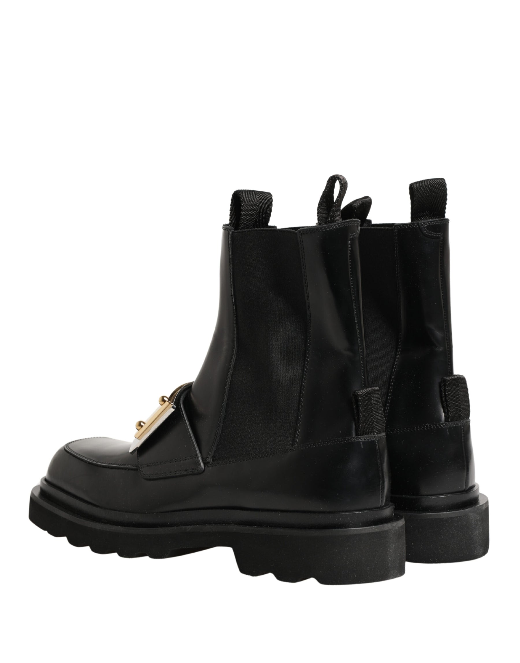 Dolce & Gabbana Black Leather Logo Plaque Ankle Boots Shoes | Regal Royce