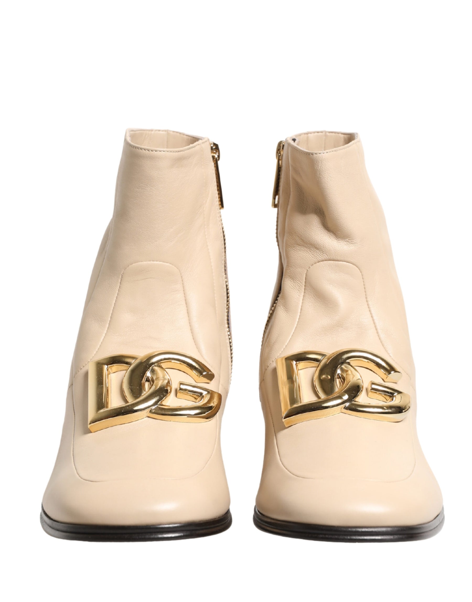 Dolce & Gabbana Beige Leather Logo Plaque Ankle Boots Shoes | Regal Royce