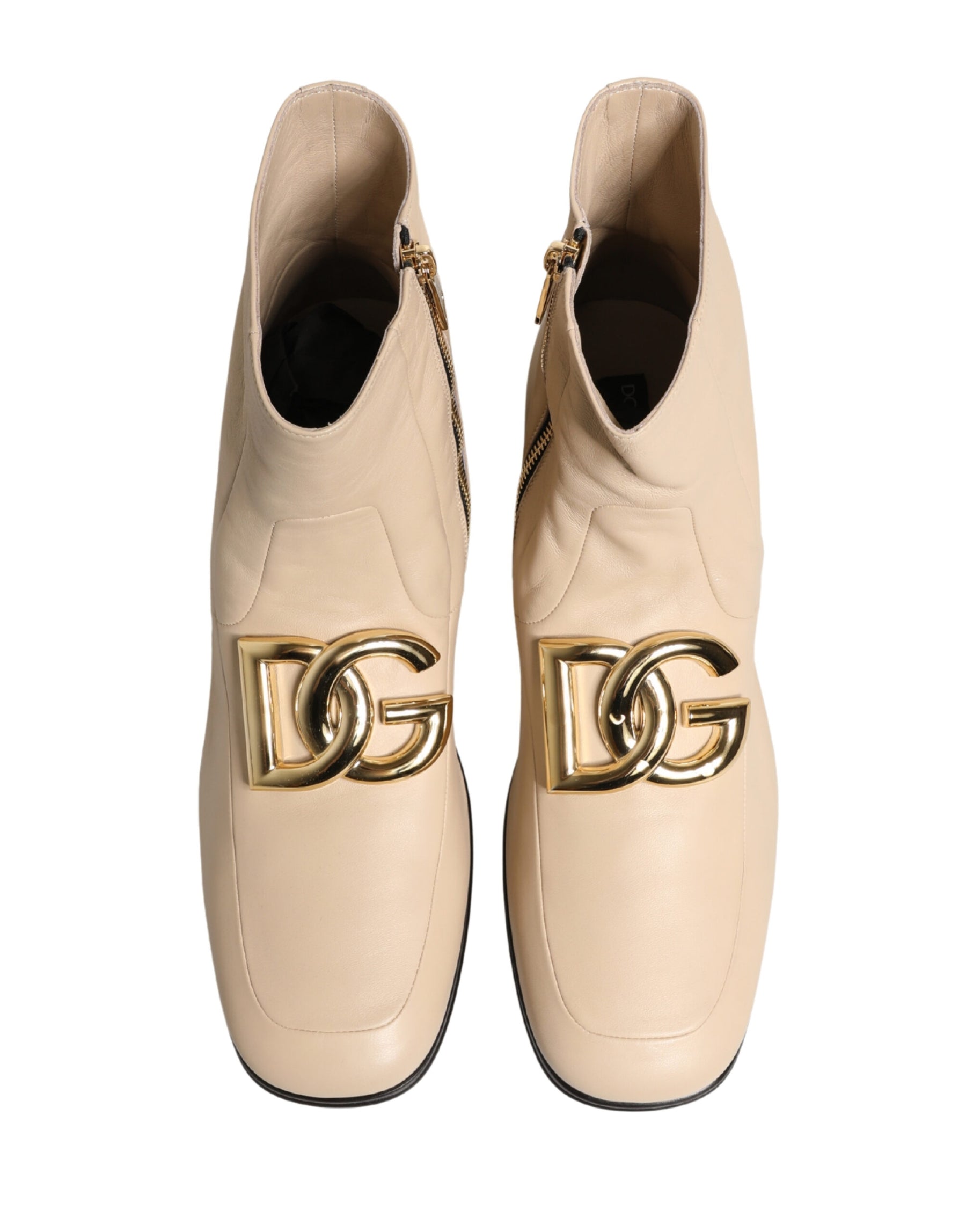 Dolce & Gabbana Beige Leather Logo Plaque Ankle Boots Shoes | Regal Royce