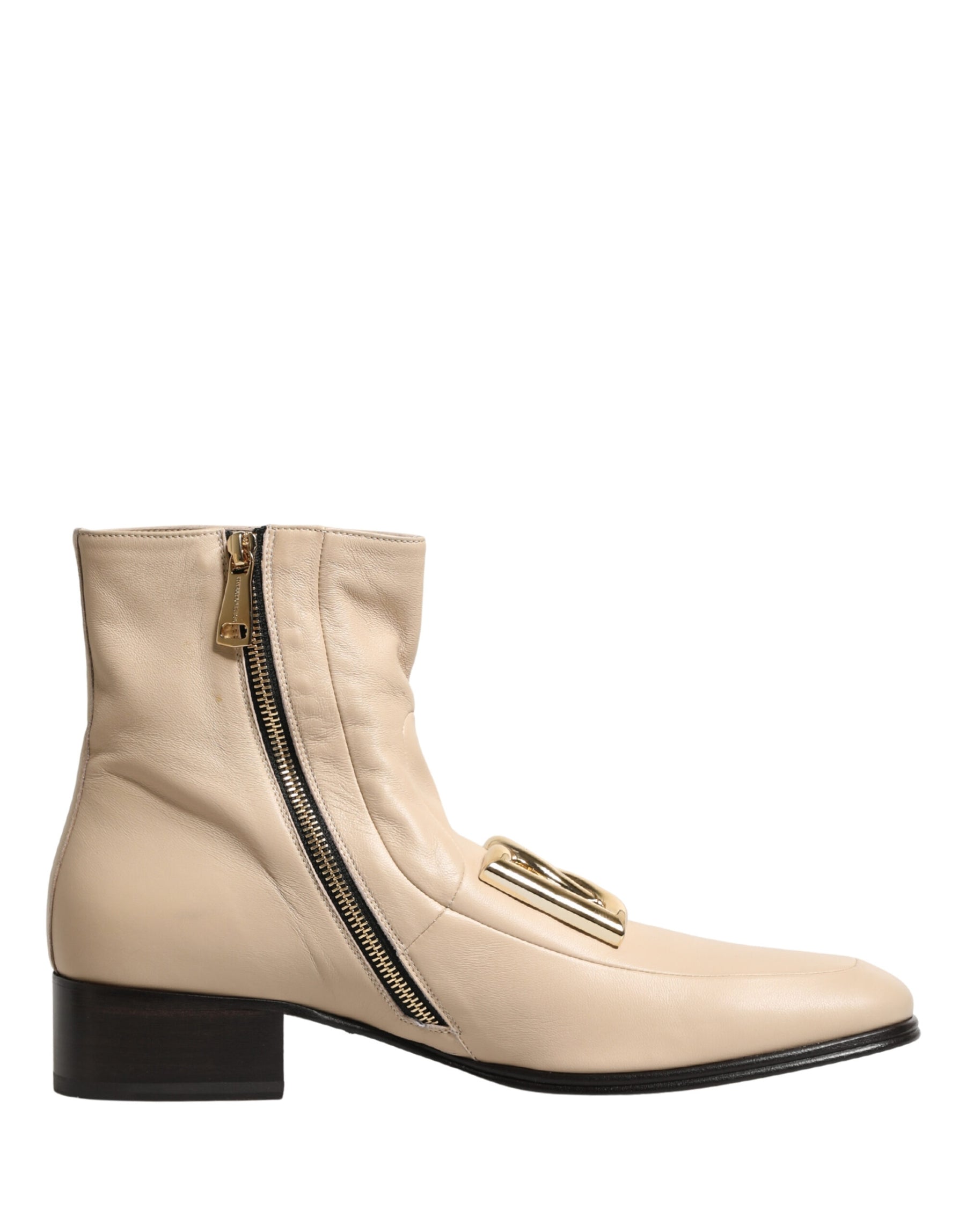 Dolce & Gabbana Beige Leather Logo Plaque Ankle Boots Shoes | Regal Royce