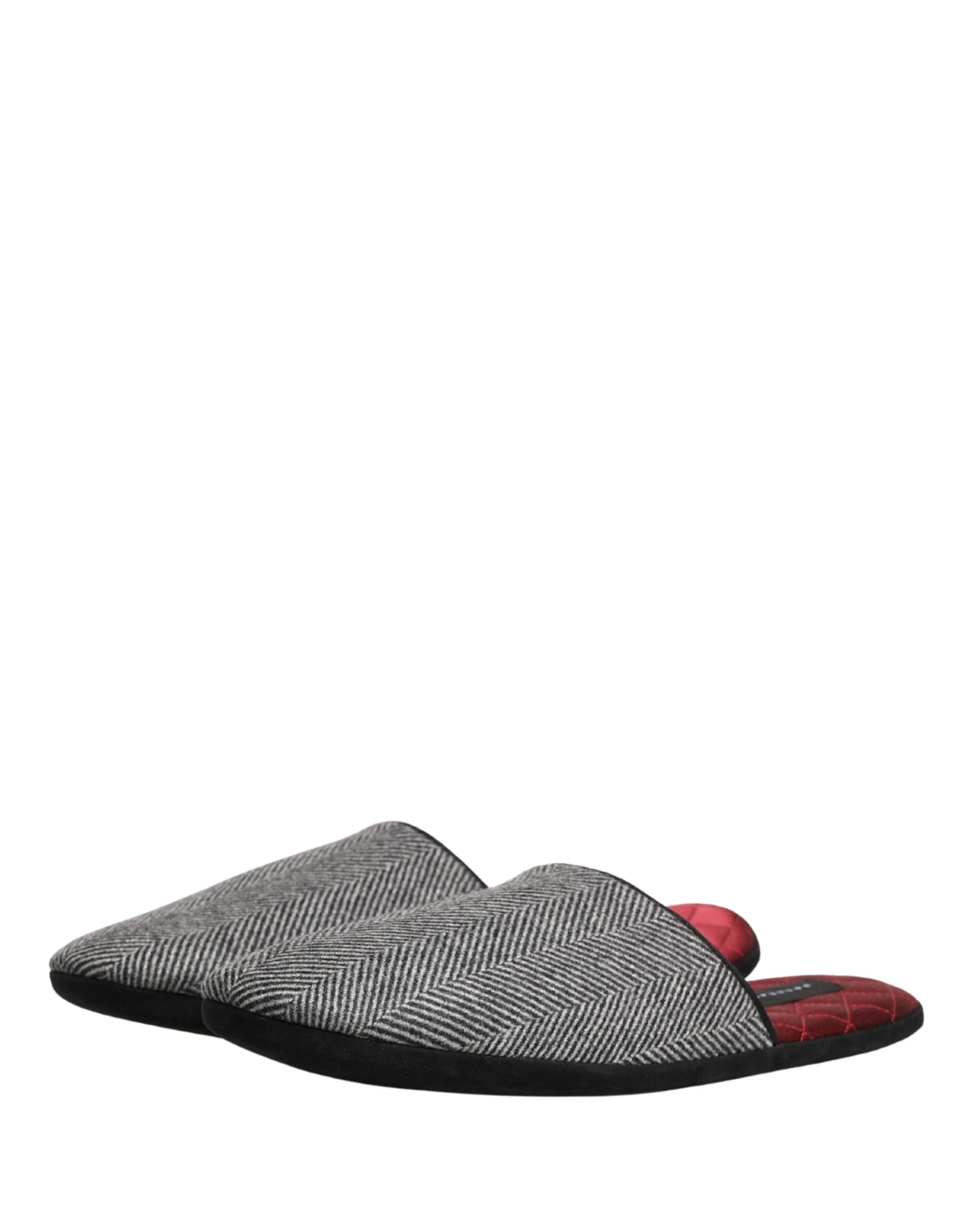 Dolce & Gabbana Grey Herringbone Cashmere Red Slippers Shoes | Regal Royce