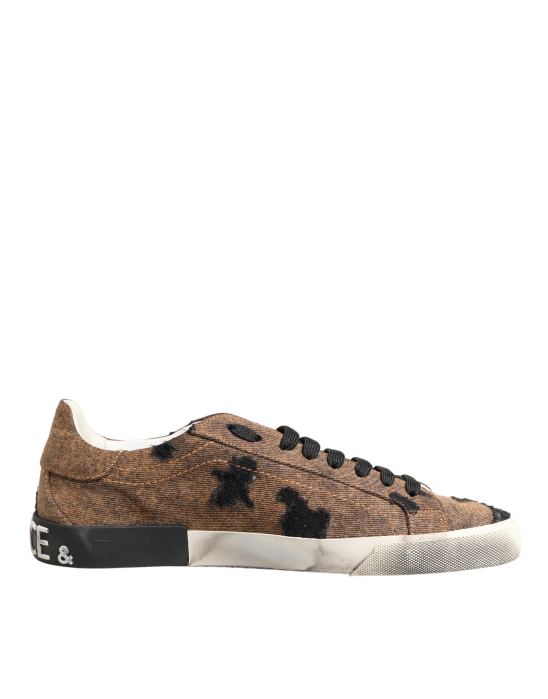 Dolce & Gabbana Brown Black Patch Denim Low Top Sneakers Shoes | Regal Royce