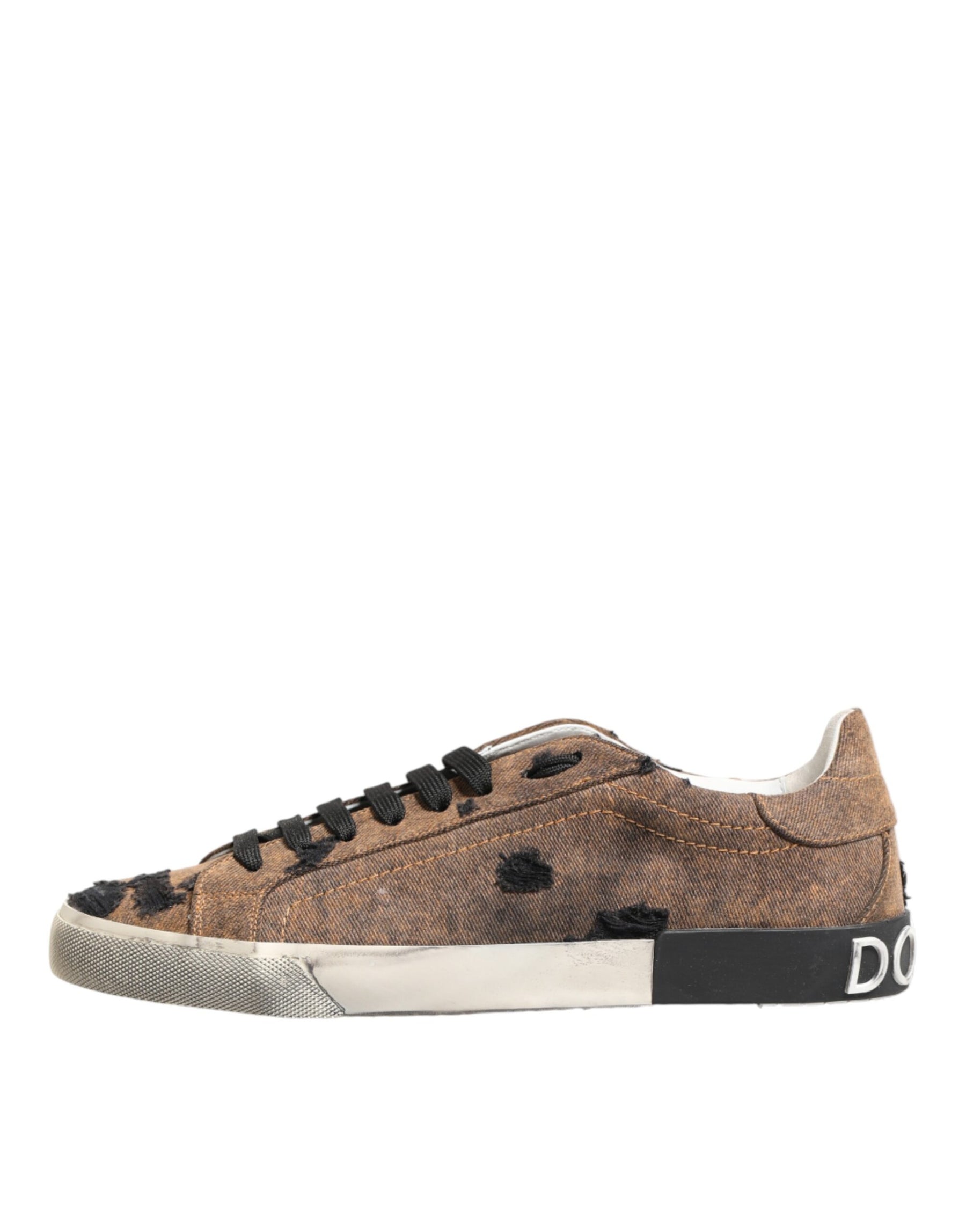 Dolce & Gabbana Brown Black Patch Denim Low Top Sneakers Shoes | Regal Royce