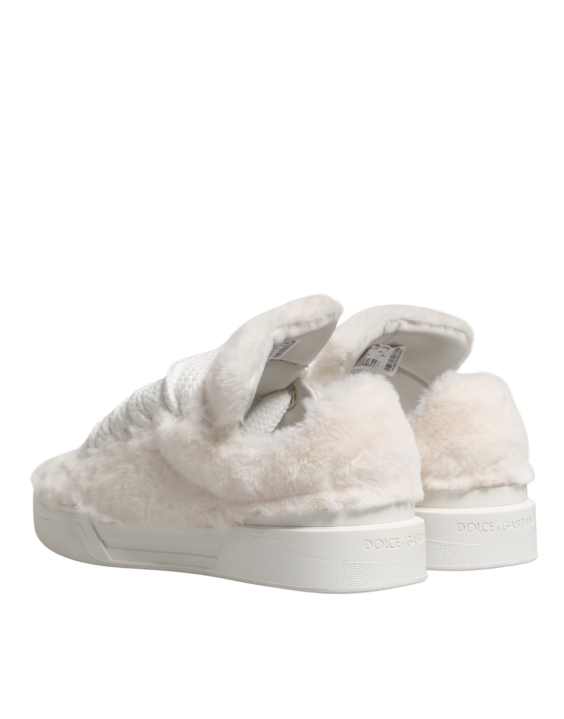 Dolce & Gabbana White Shearling Fur Bianco Low Top Sneakers Shoes | Regal Royce