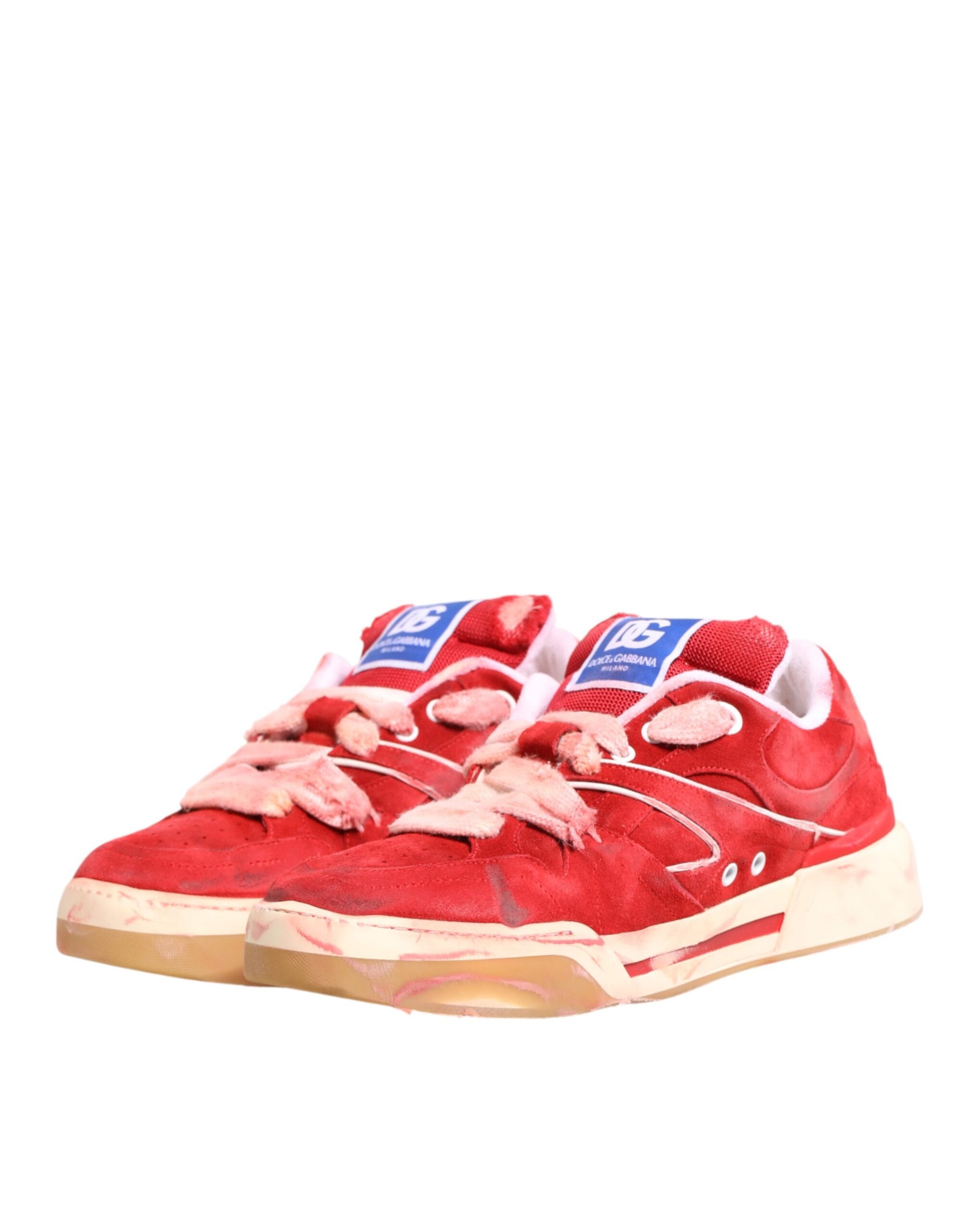 Dolce & Gabbana Red White Suede DG Logo Low Top Sneakers Shoes | Regal Royce
