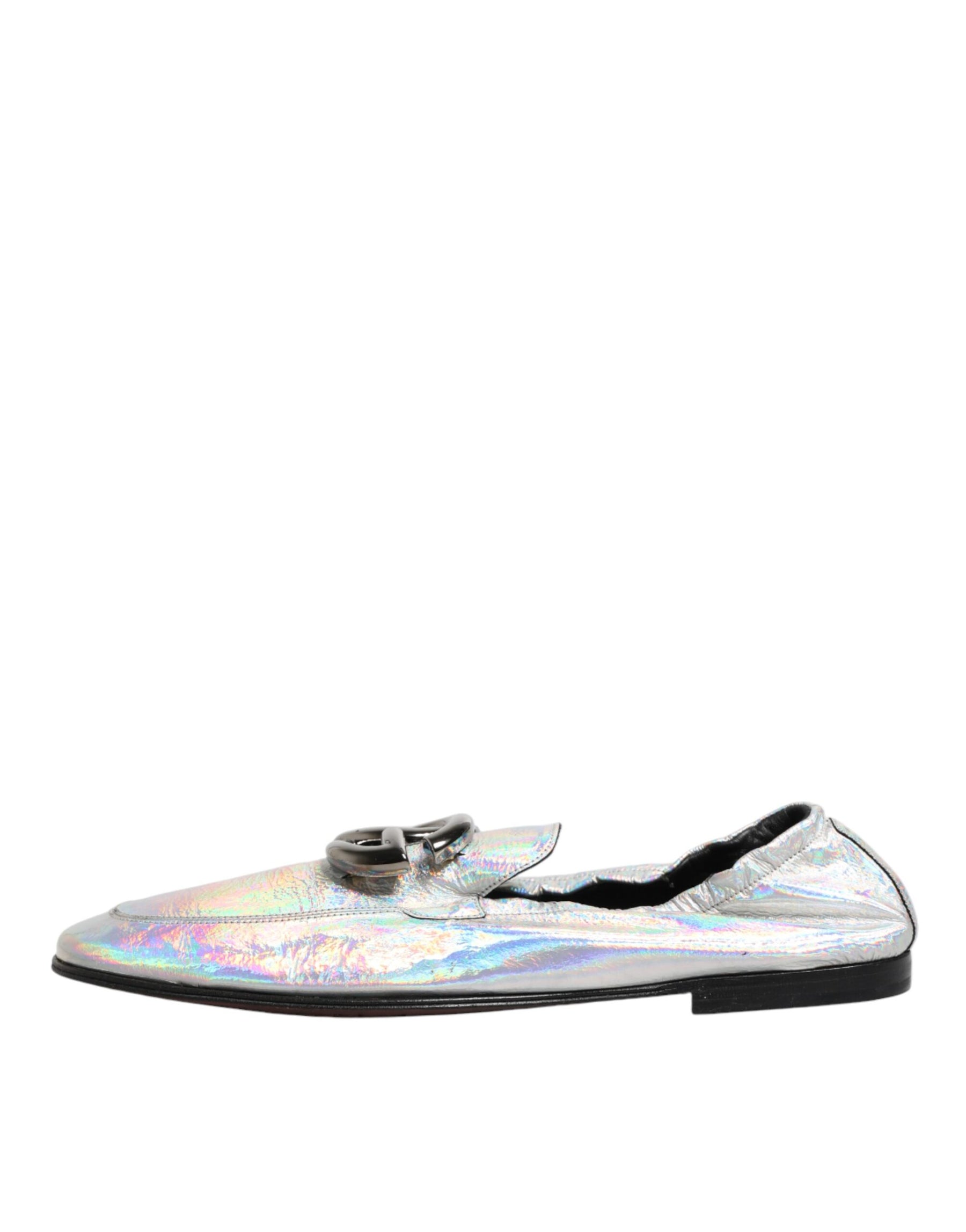Dolce & Gabbana Silver DG Logo Holographic Leather Loafers Shoes | Regal Royce