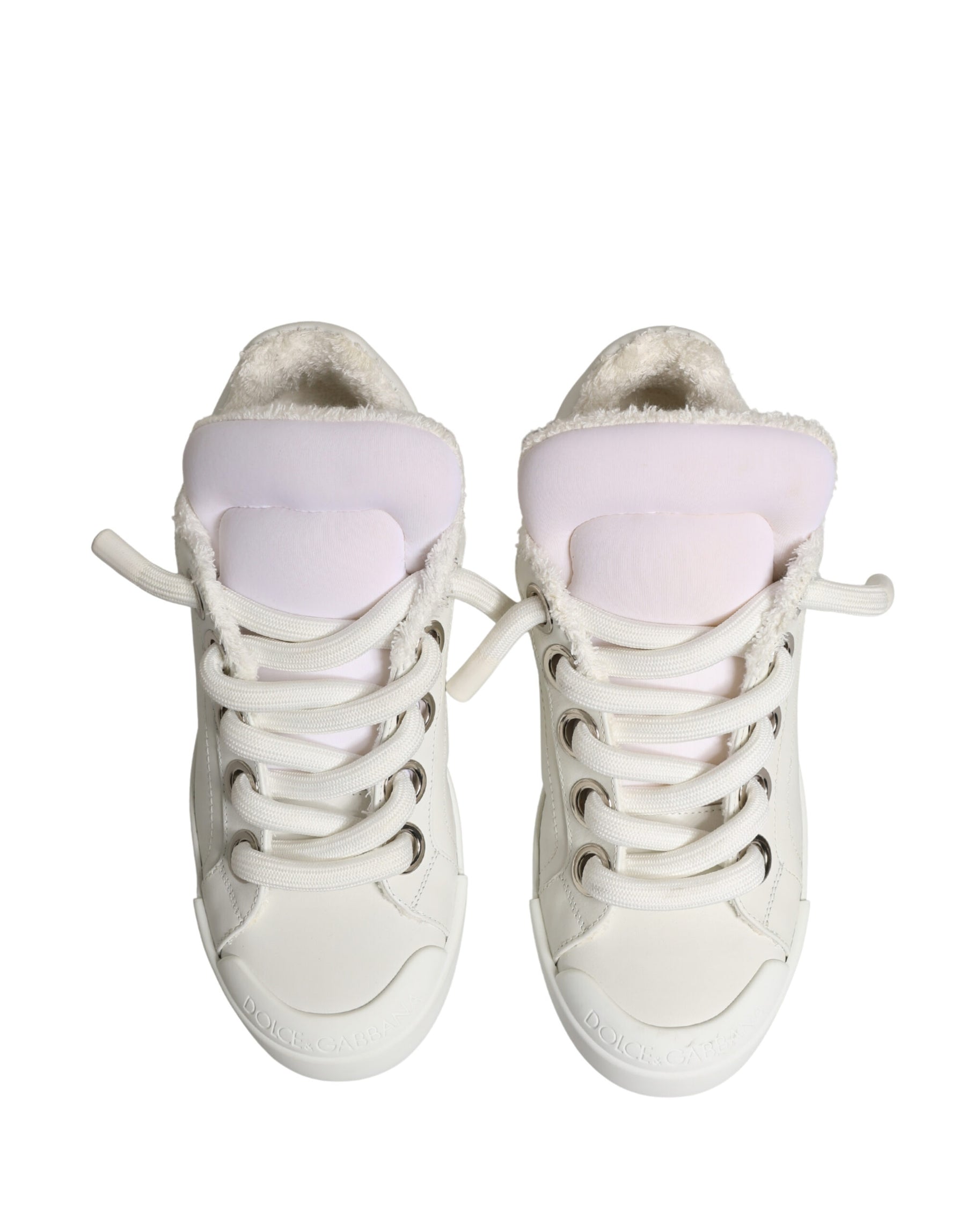 Dolce & Gabbana White Leather Shearling Fur Low Top Sneakers Shoes | Regal Royce