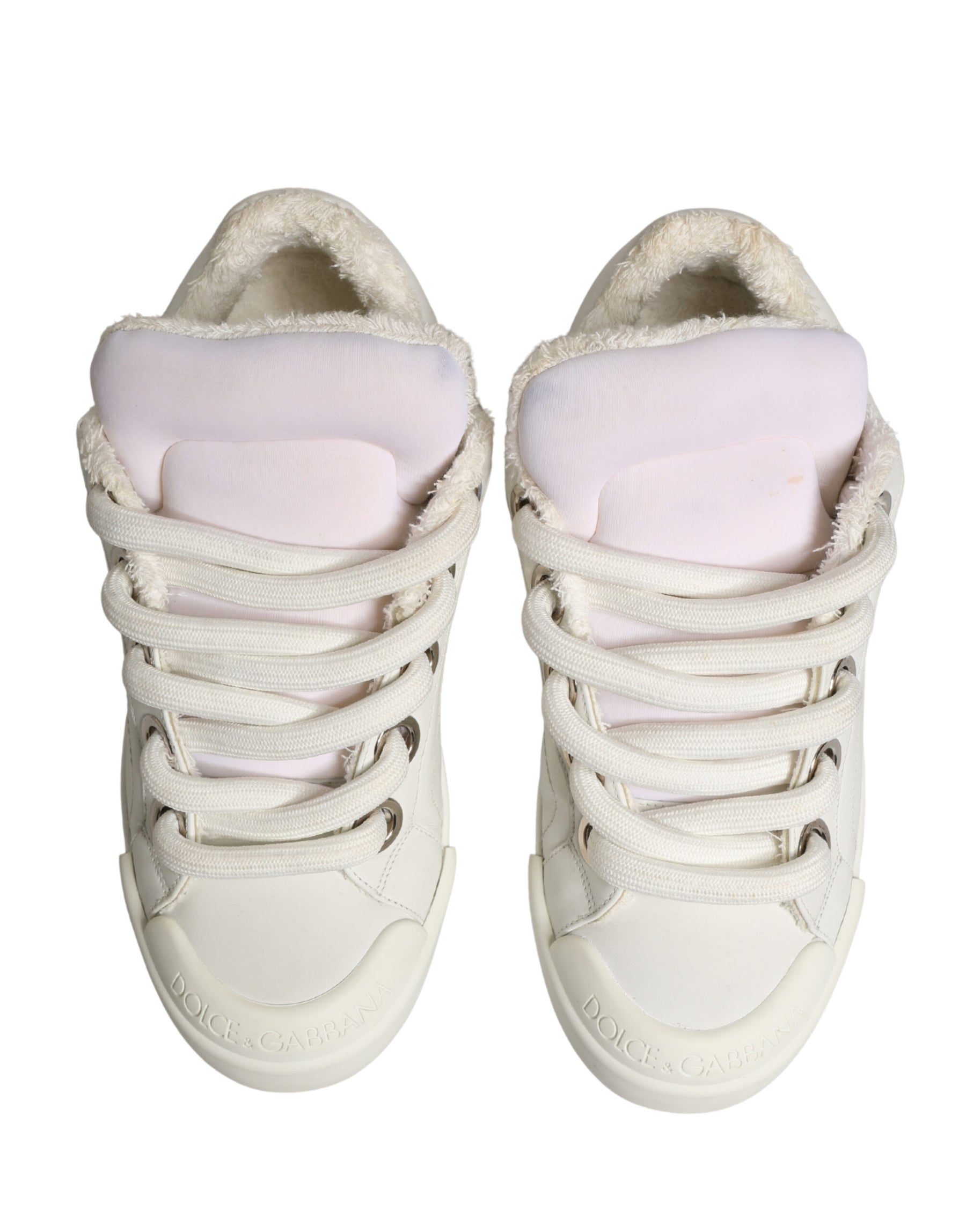 Dolce & Gabbana White Shearling Fur Bianco Low Top Sneakers Shoes | Regal Royce