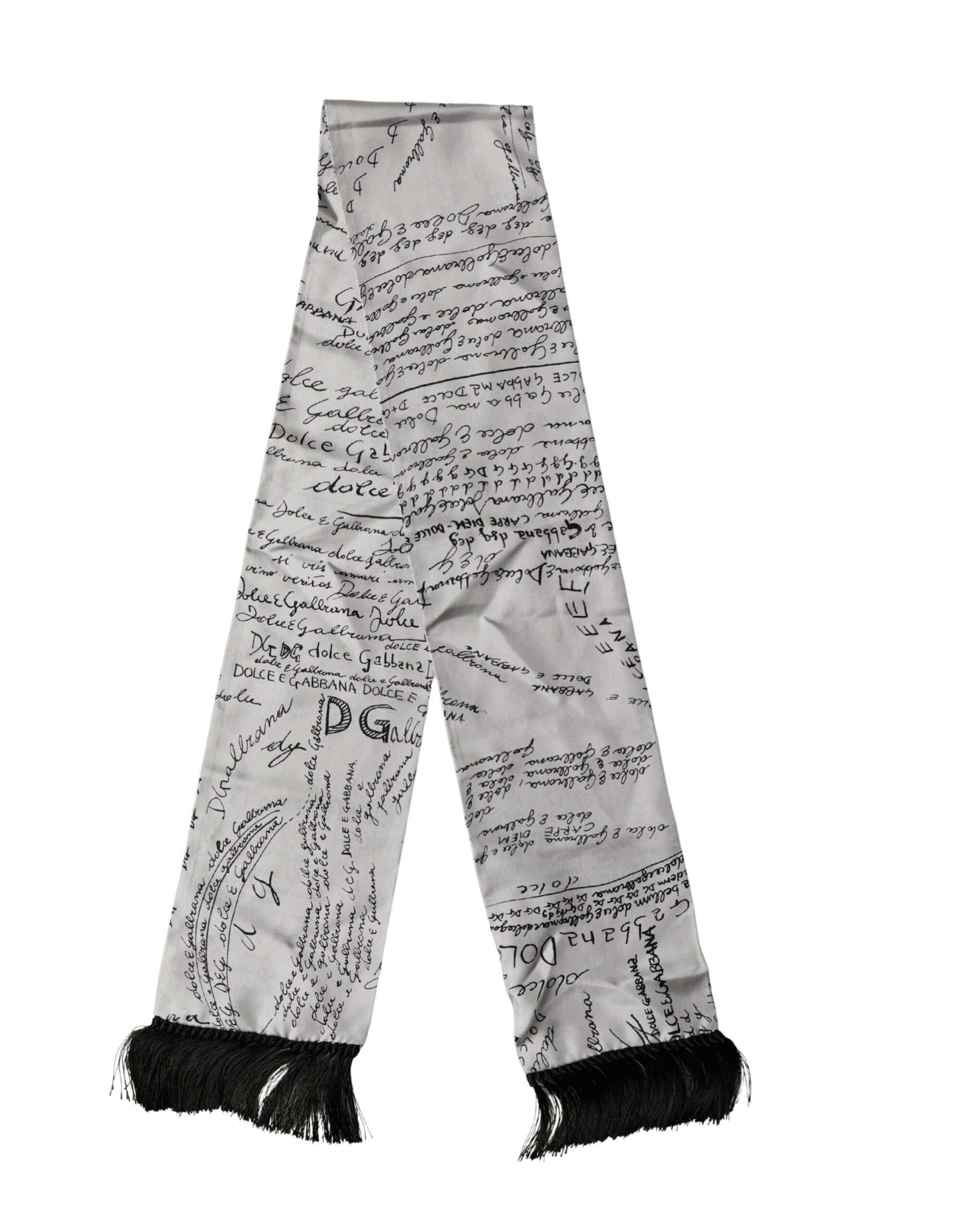 Dolce & Gabbana Scarf White Silk Script Logo Print Fringe 150cm x15cm Men | Regal Royce