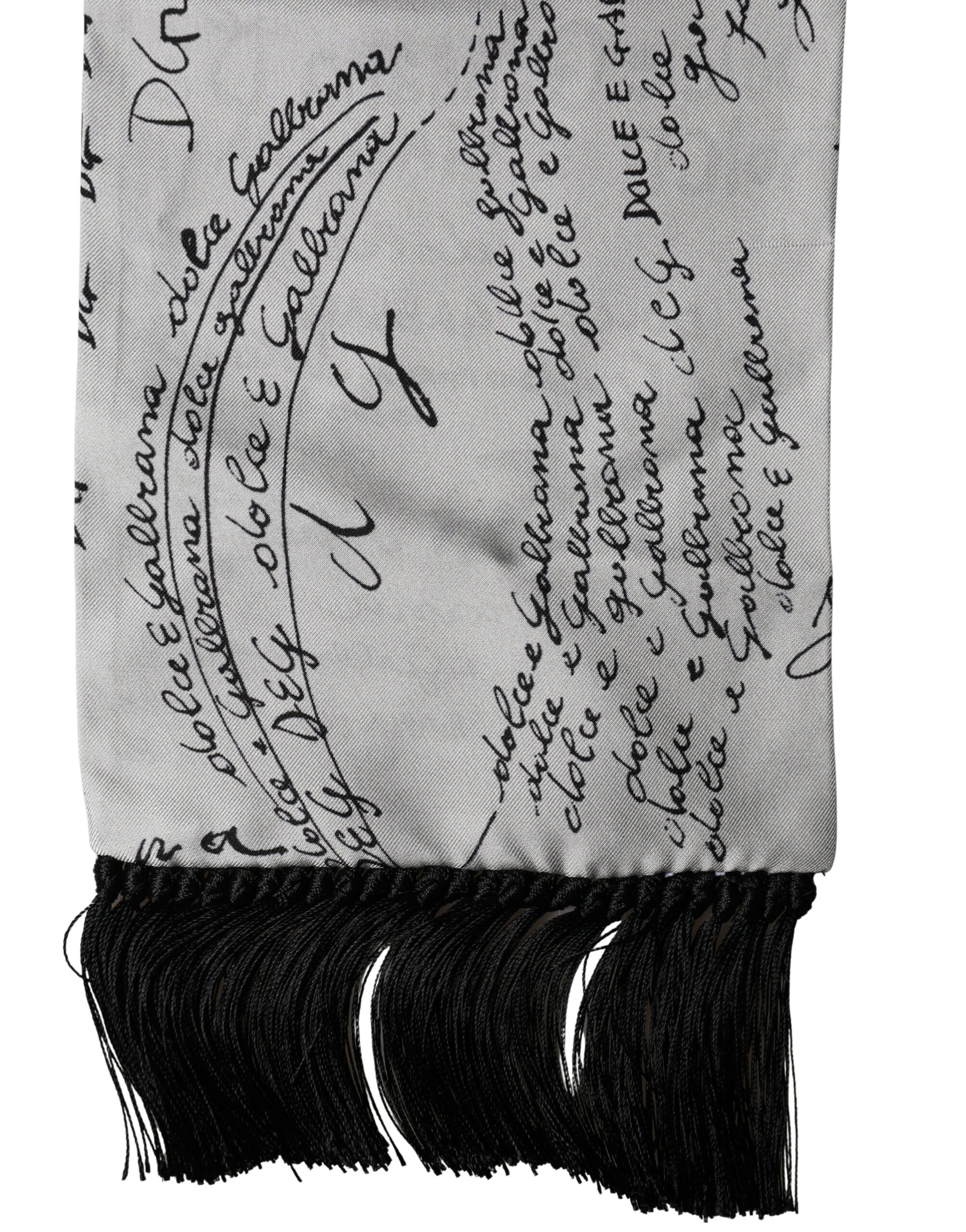 Dolce & Gabbana Scarf White Silk Script Logo Print Fringe 150cm x15cm Men | Regal Royce