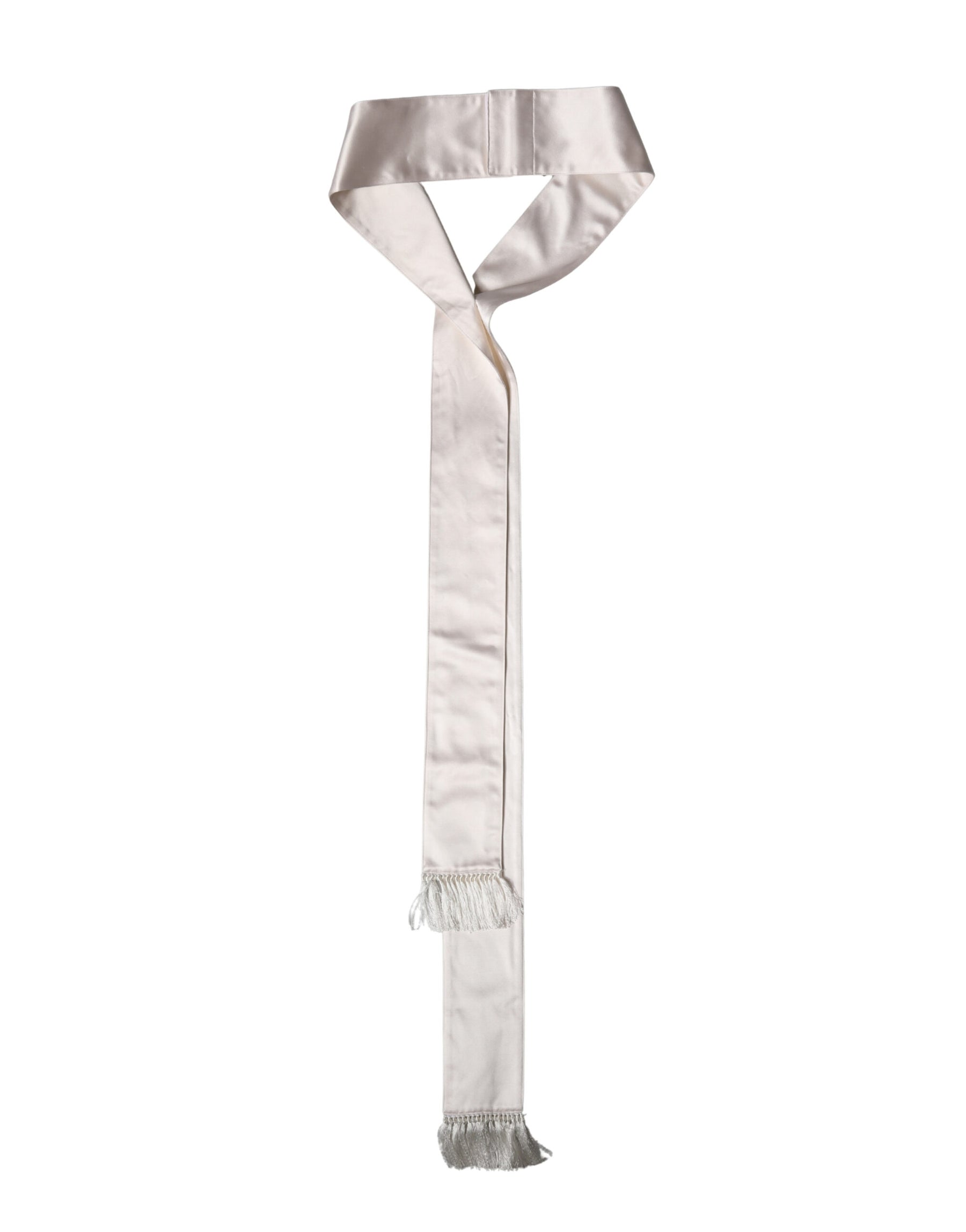 Dolce & Gabbana White Silk Satin Fringes Foulard 282cm x 10cm Men Scarf | Regal Royce