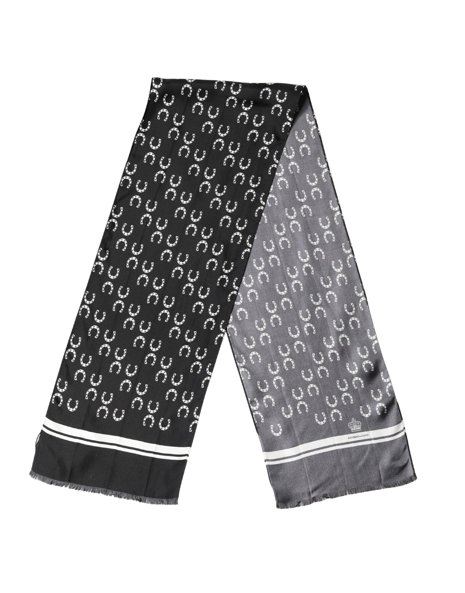 Dolce & Gabbana Black Horseshoe Silk Neck Foulard 136cm x 23cm Men Scarf | Regal Royce