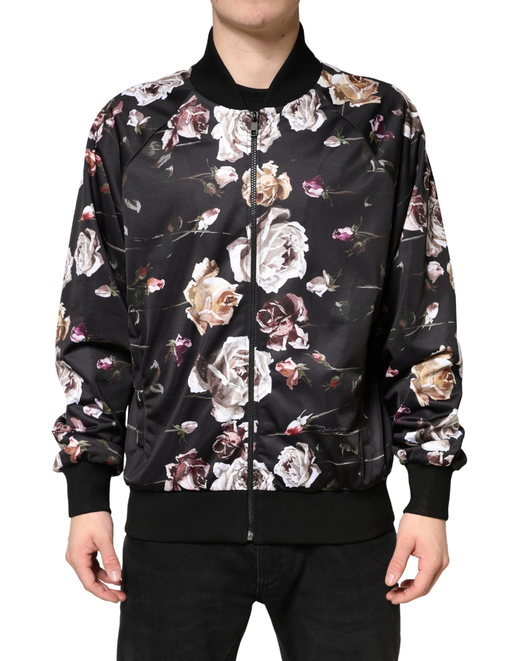 Dolce & Gabbana Black Floral Polyester Full Zip Bomber Jacket | Regal Royce