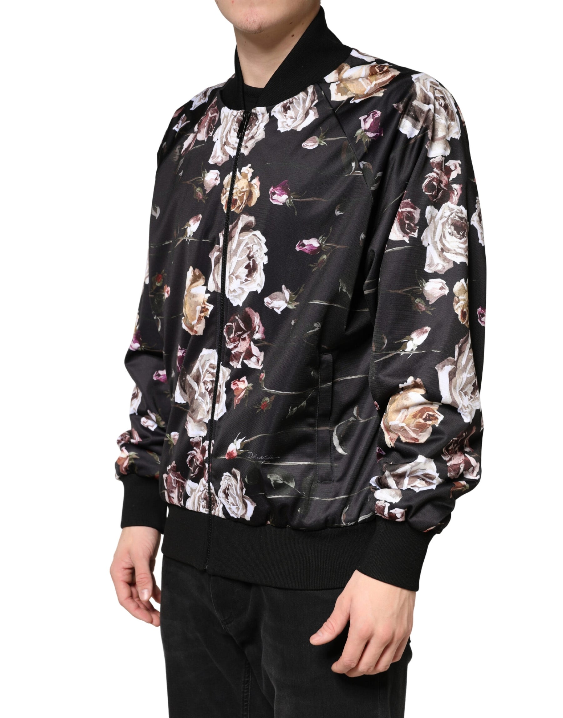 Dolce & Gabbana Black Floral Polyester Full Zip Bomber Jacket | Regal Royce
