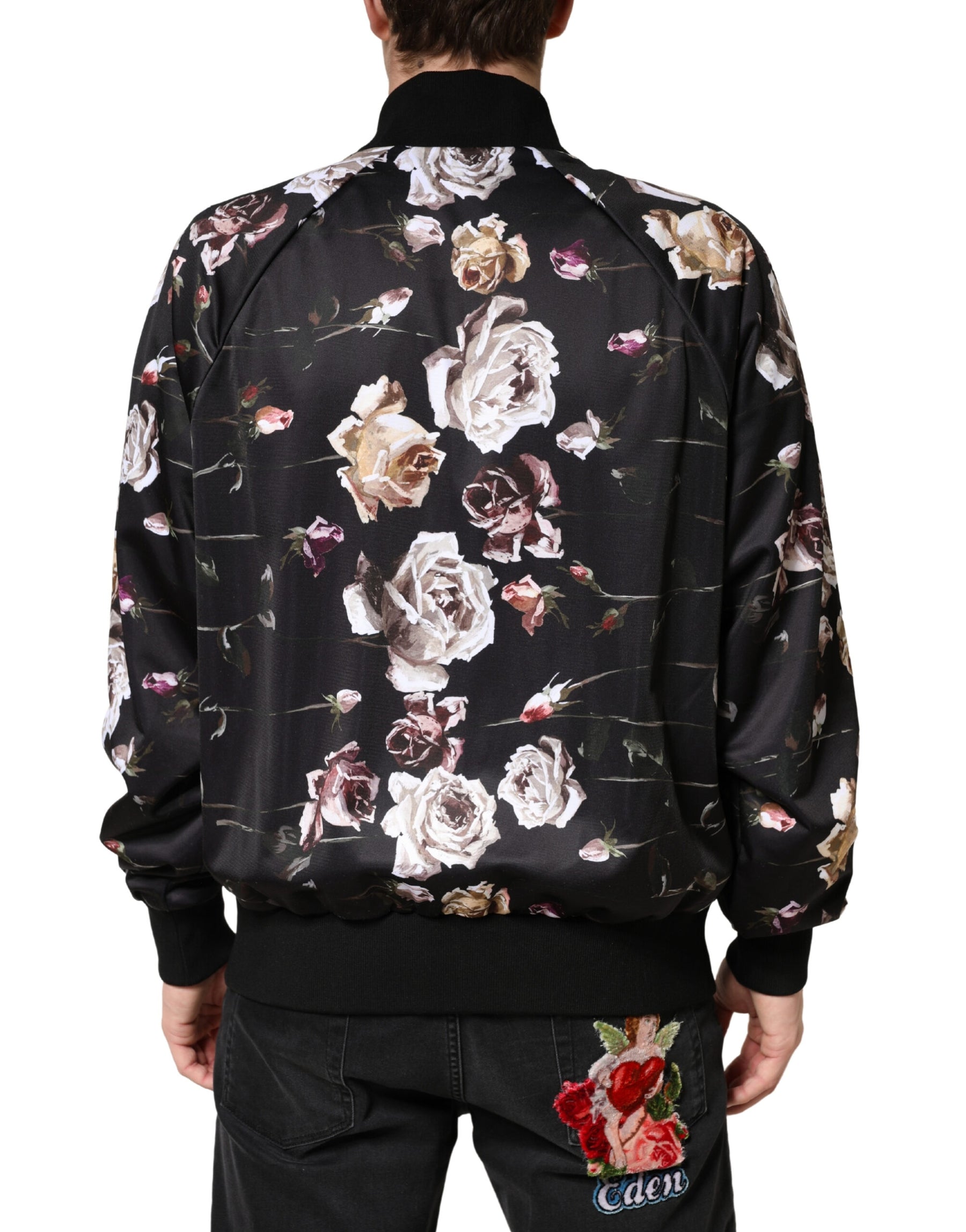 Dolce & Gabbana Black Floral Polyester Full Zip Bomber Jacket | Regal Royce
